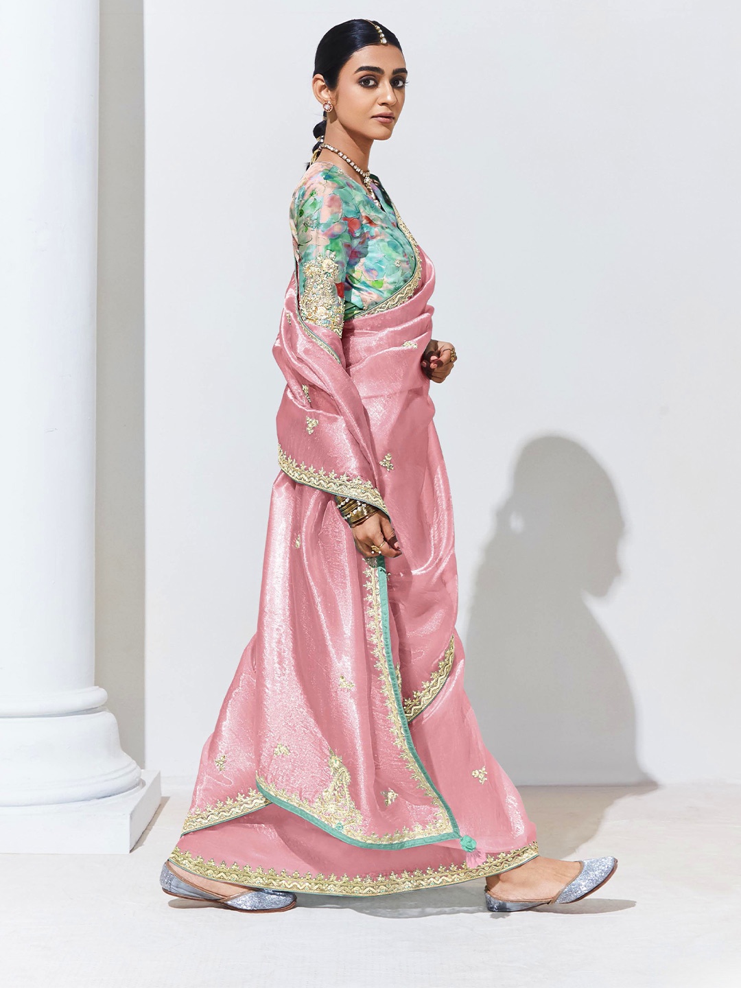 

House of D&S Floral Embroidered Pure Silk Saree, Pink