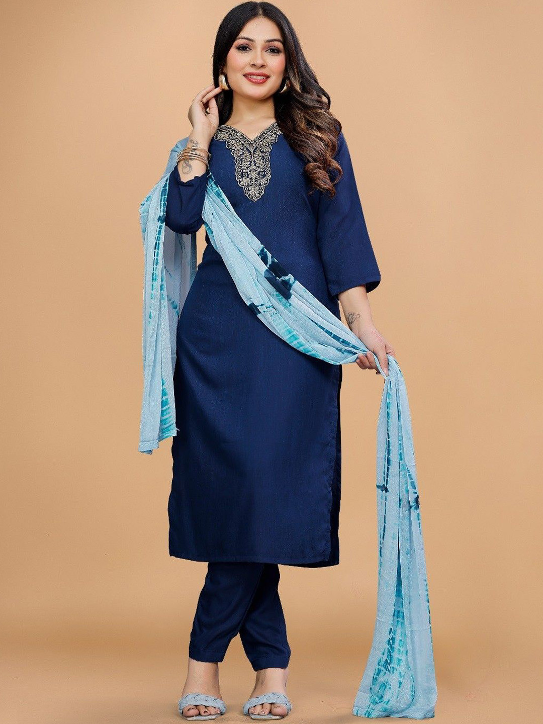 

TOOCHKI Women Yoke Design Regular Kurta with Palazzos & With Dupatta, Navy blue