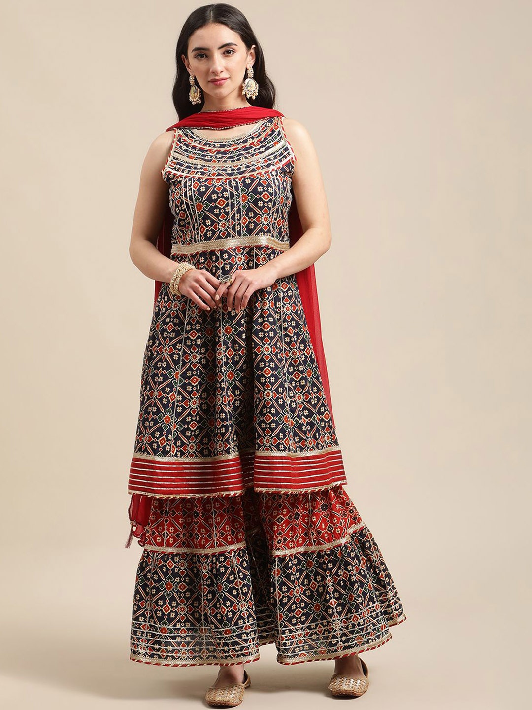 

DIVASTRI Geometric Printed Gotta Patti Pure Cotton Anarkali Kurta With Sharara And Dupatta, Blue