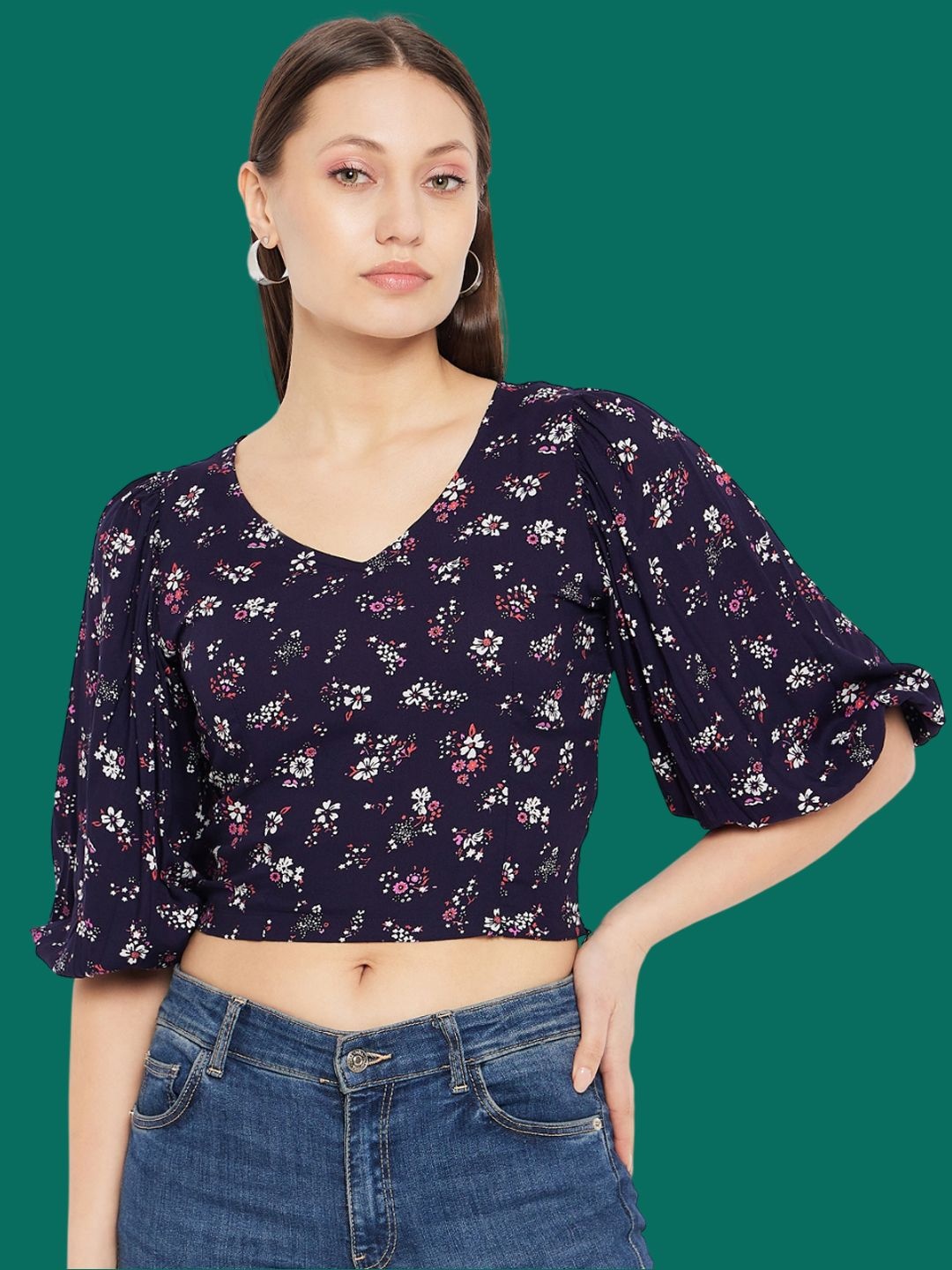 

Hypernation Floral Print Puff Sleeve Crop Top, Navy blue