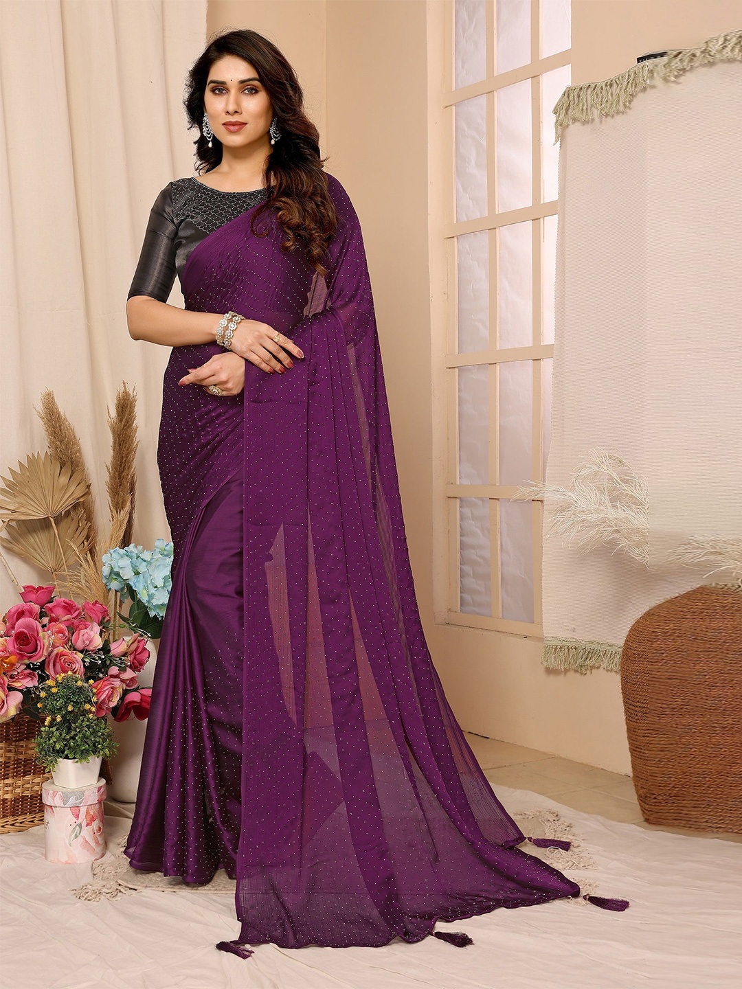 

ROOP SUNDARI SAREES Embellished Beads and Stones Pure Chiffon Saree, Purple