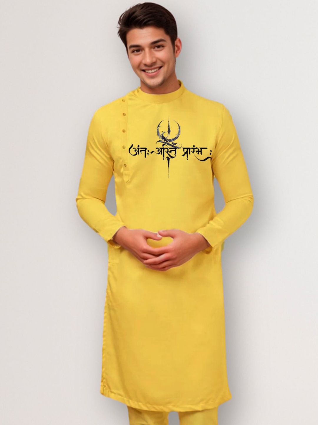 

DEVOILER Men Ethnic Motifs Printed Thread Work Kurta, Mustard