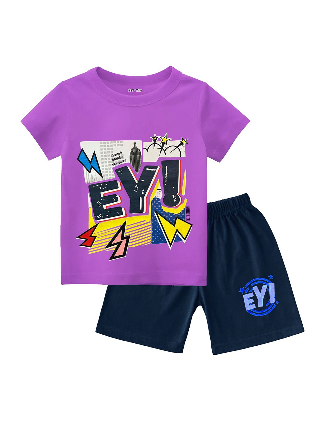 

FRENCH KLEIDER Boys Printed Round Neck Pure Cotton T-shirt With Shorts, Purple