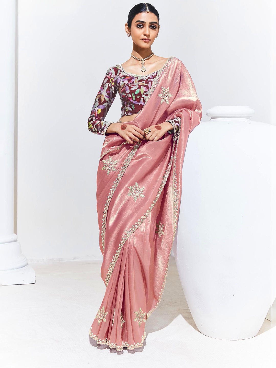 

House of D&S Sequinned Pure Silk Saree, Rose