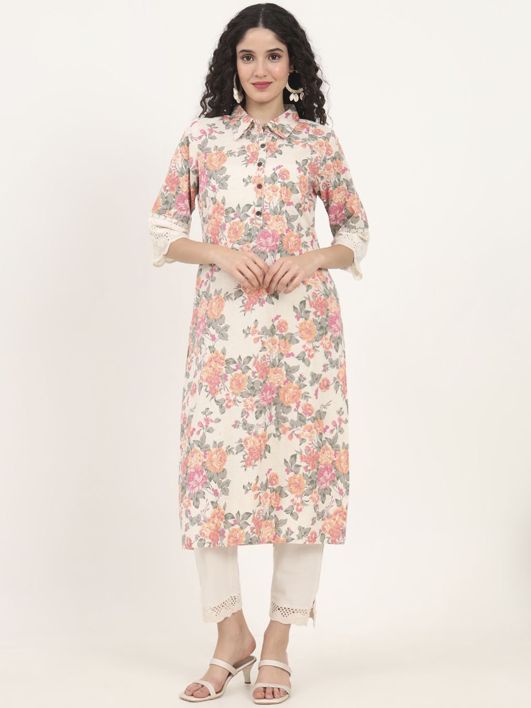 

KALINI Women Floral Printed Thread Work Floral Kurta, Pink