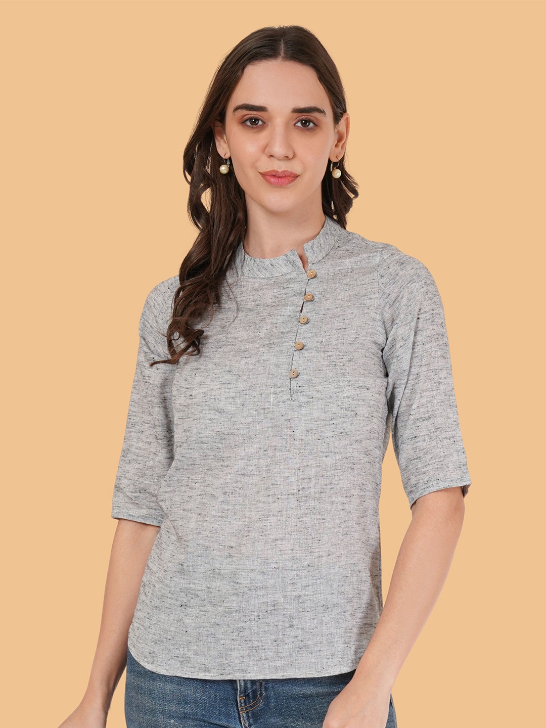 

Brownverse Women Mandarin Collar Regular Top, Grey