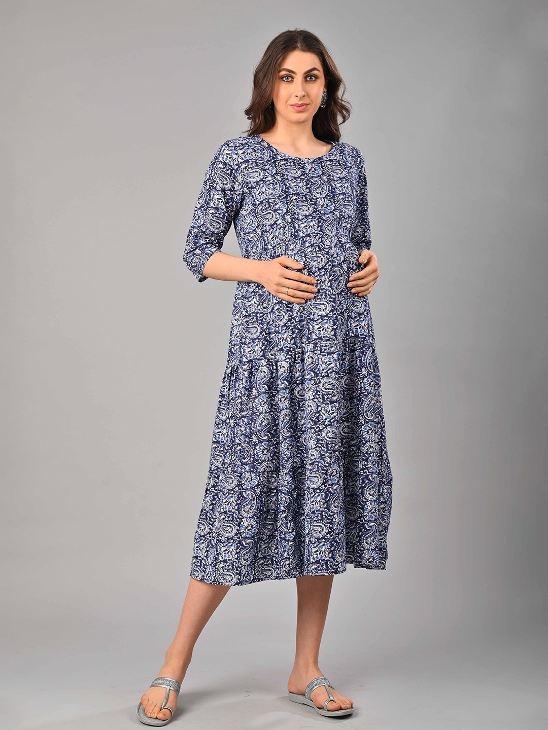 

Negen Print Maternity Fit & Flare Maxi Dress, Blue