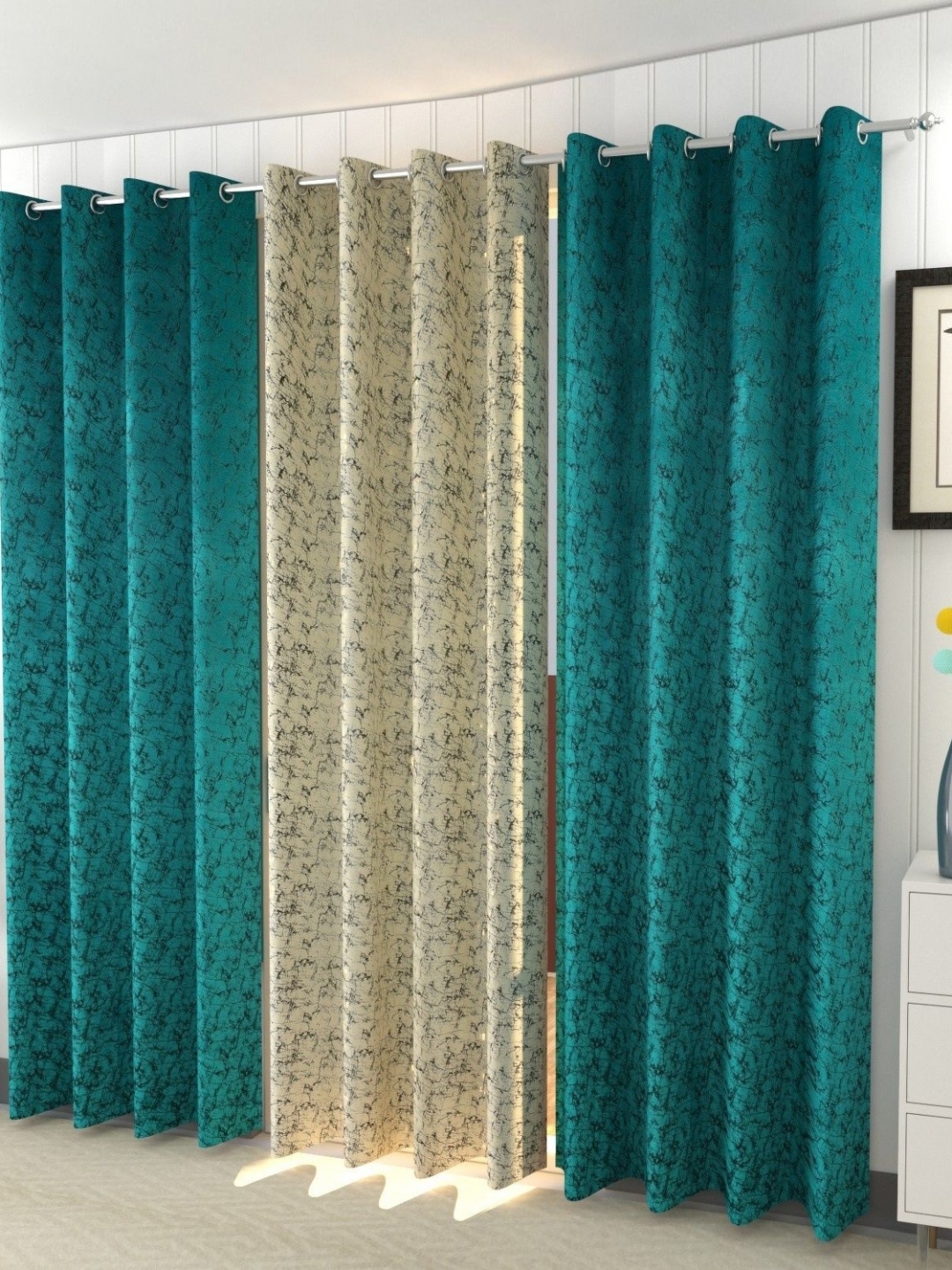 

Galaxy Home Decor Green 3 Pieces Abstract Printed Velvet Window Curtains