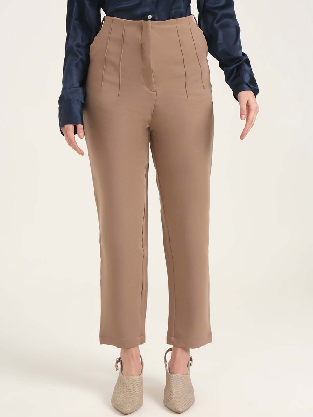 

AMSWAN Women Smart High-Rise Pleated Trousers, Beige