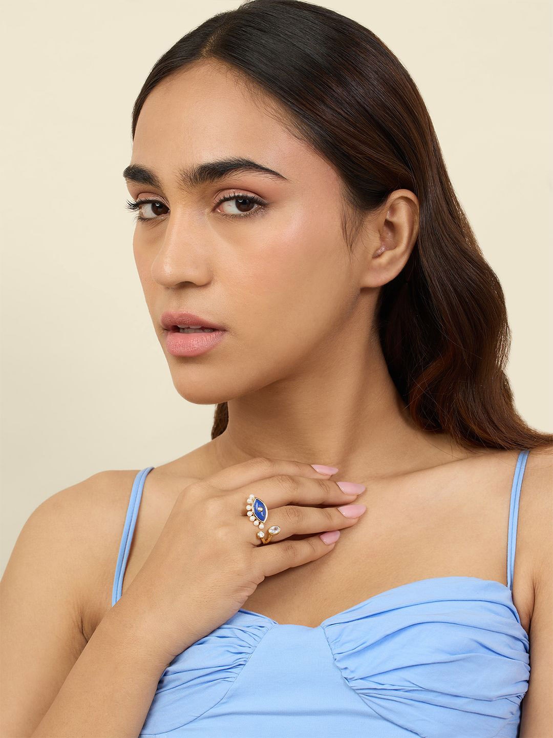 

Isharya 18Kt Gold Plated Cubic Zirconia Studded & Beaded Summer Eyes Two-Head Finger Ring