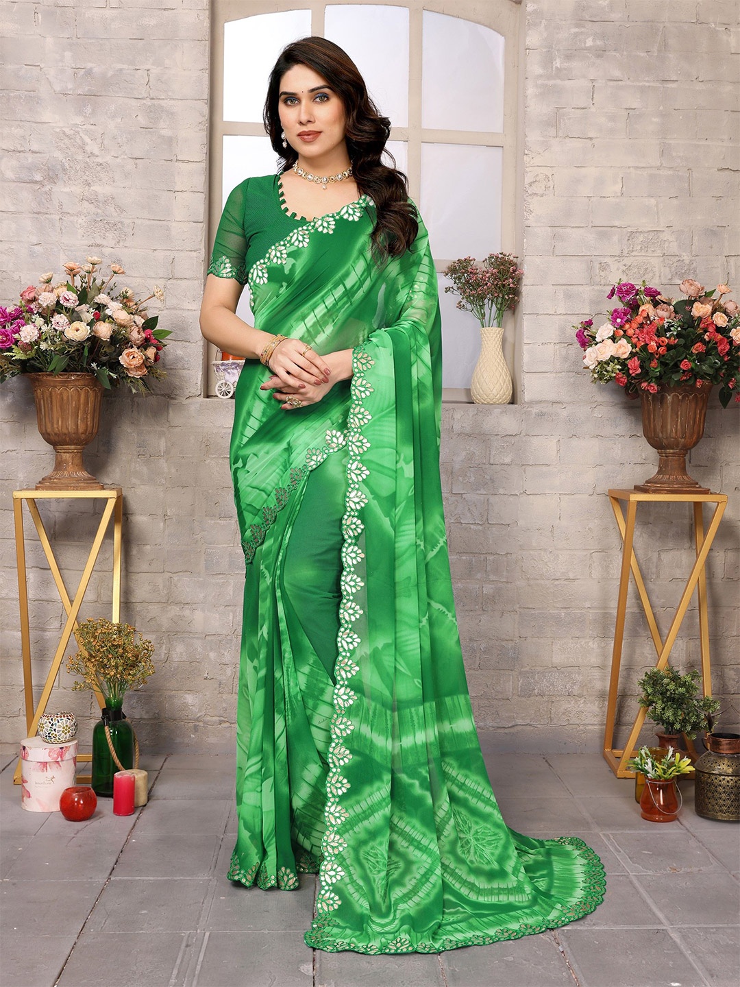 

Nirmohi Fashion Women's Tie and Dye Mirror Work Pure Georgette Saree, Green