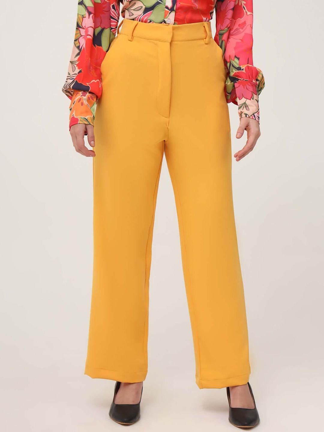 

AMSWAN Women Smart Straight Fit High-Rise Trousers, Yellow