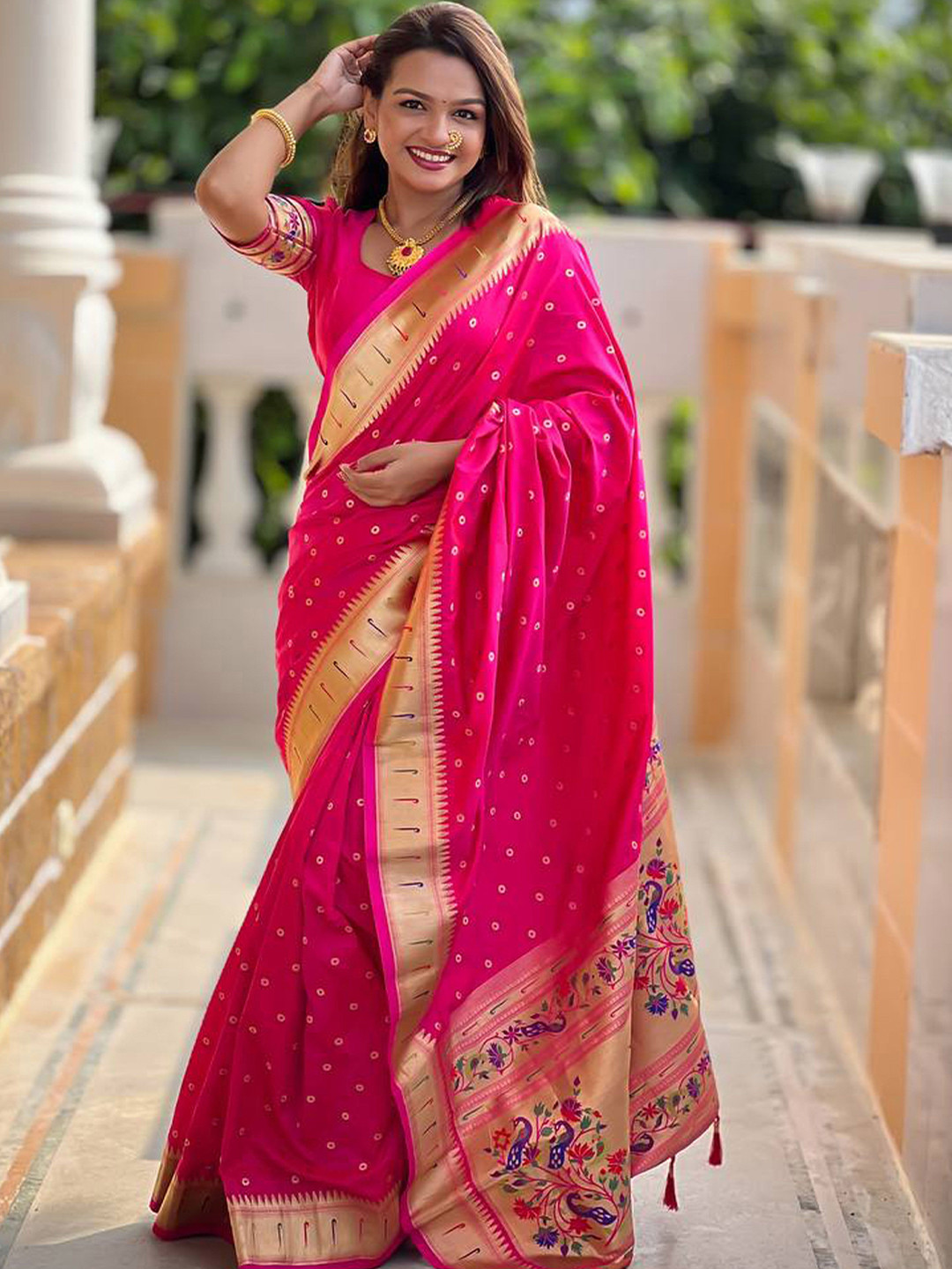 

Ekta Textiles Woven Design Zari Pure Silk Designer Paithani Saree, Pink