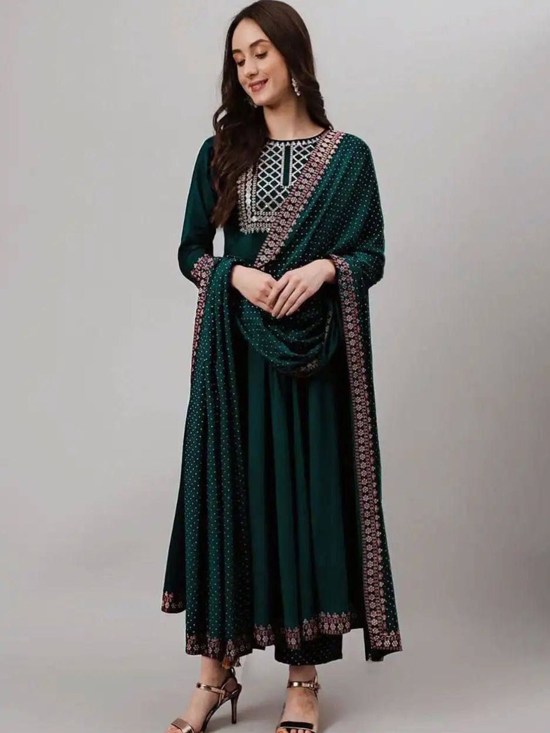 

Rujave Floral Yoke Design Empire Sequinned Anarkali Kurta With Trouser & Dupatta, Green