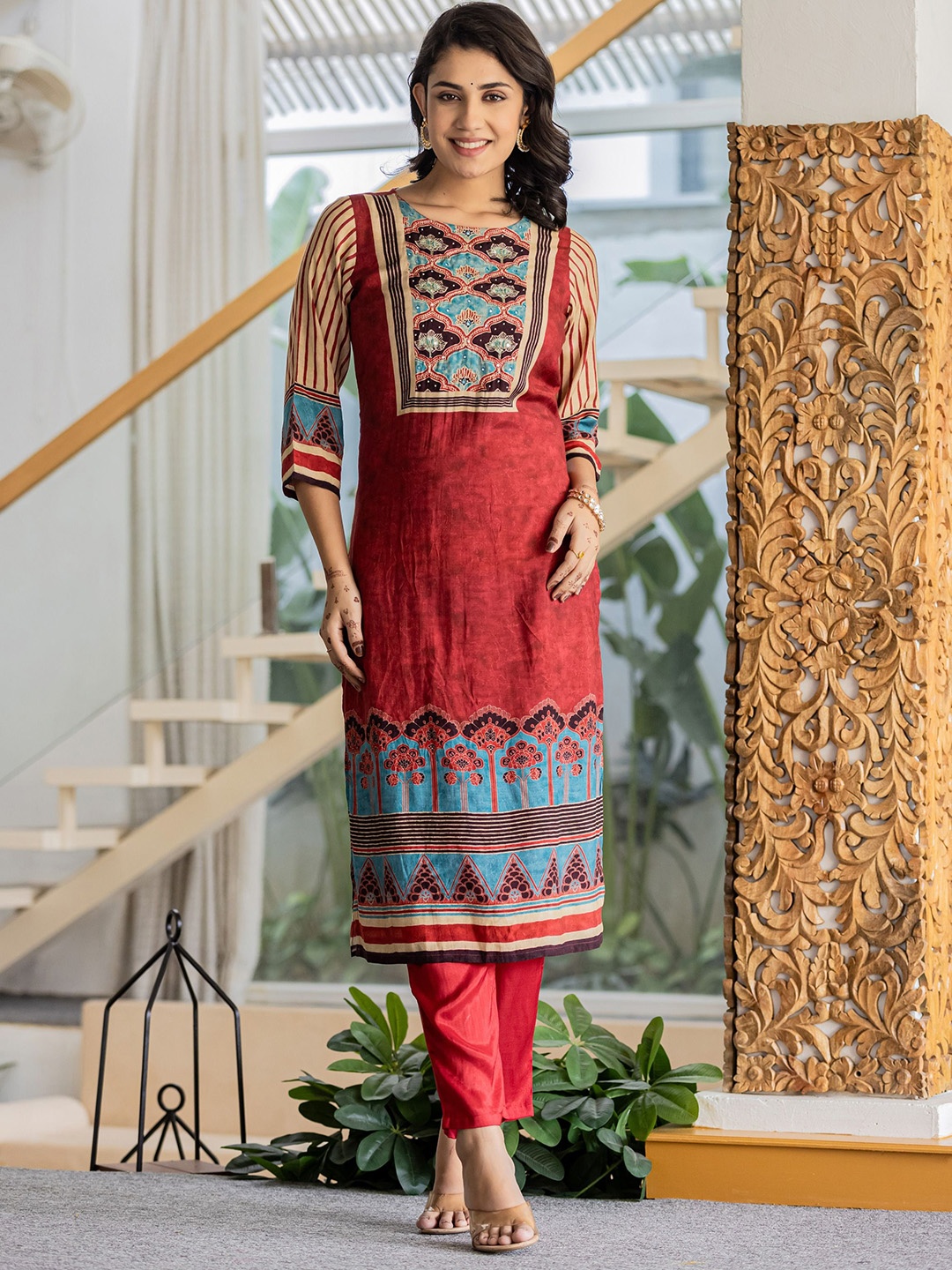 

HOUSE OF MORA Floral Embroidered Mirror Work Boat Neck Kurta with Trousers & Dupatta, Red