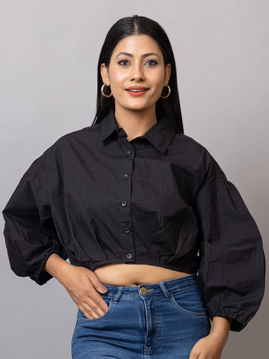 

PROBASIC Print Puff Sleeve Cotton Crop Top, Black