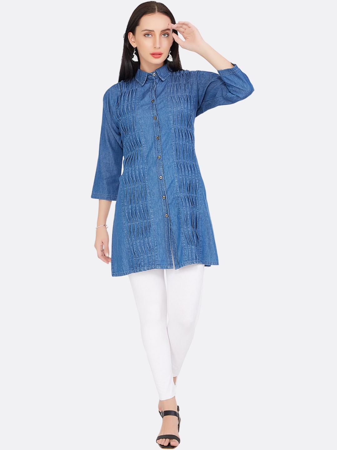 

CEFALU Women Thread Work Denim Kurta, Blue