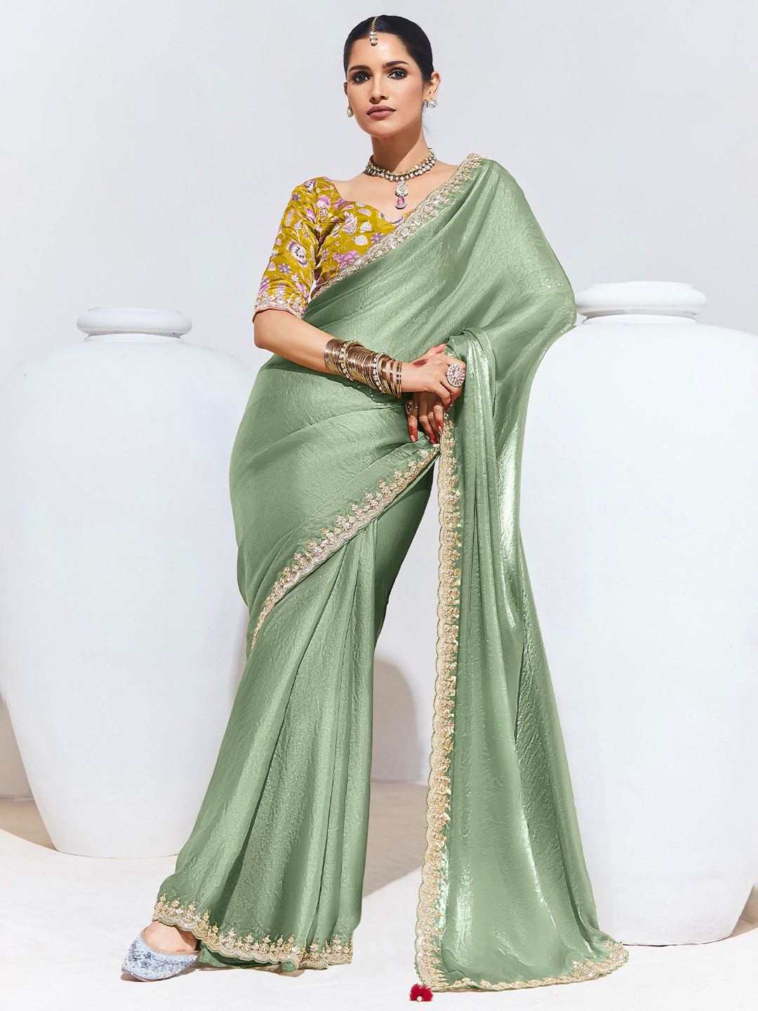 

House of D&S Embroidered Pure Silk Saree, Green