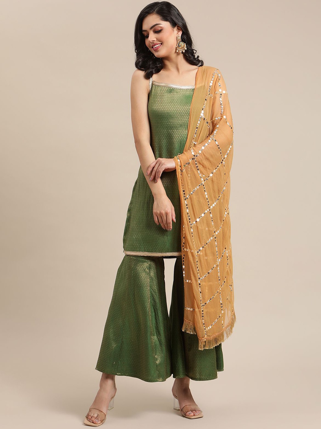 

DIVASTRI Geometric Woven Design Straight Kurta With Sharara And Dupatta, Green