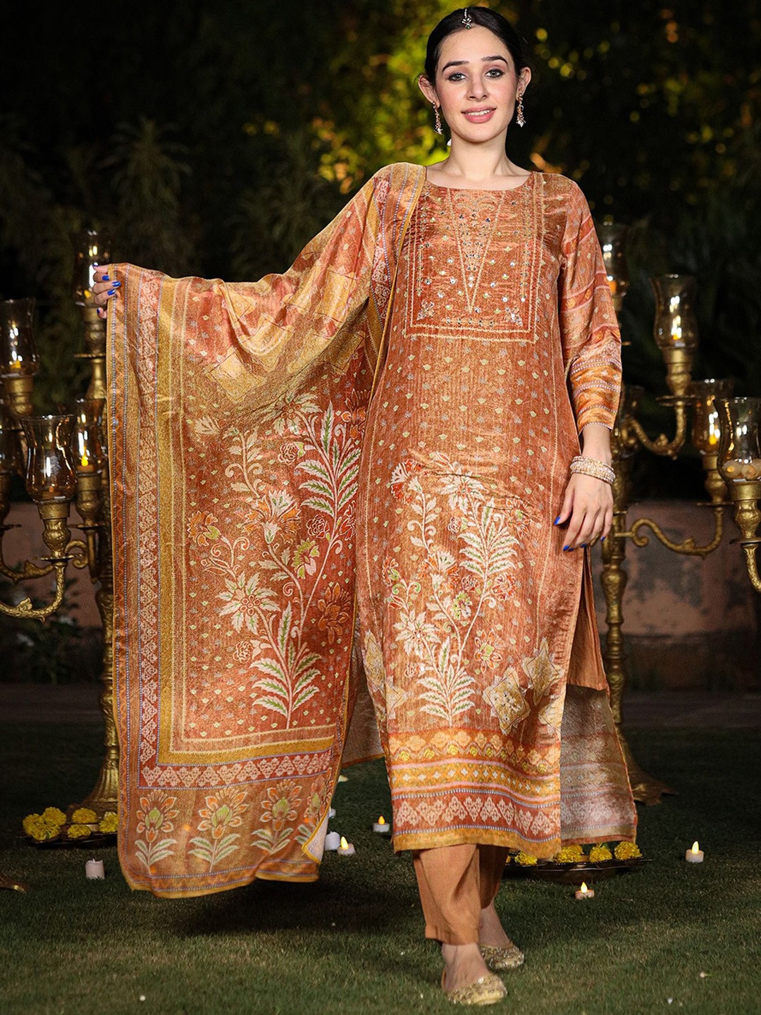 

HOUSE OF MORA Ethnic Motifs Printed Boat Neck Sequinned Kurta with Trouser & Dupatta, Brown