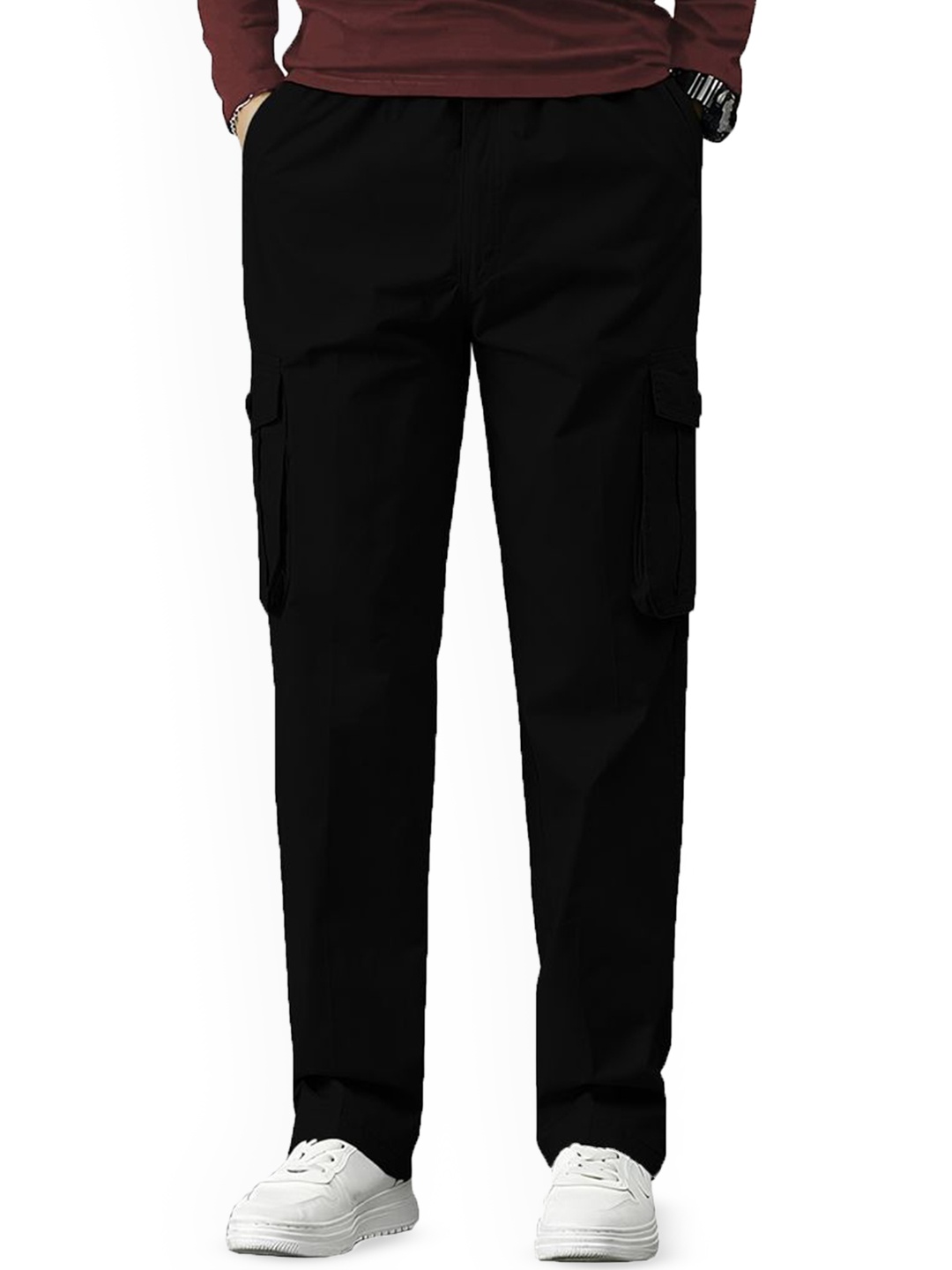 

REOUTLOOK Men Relaxed High-Rise Cargos Trousers, Black