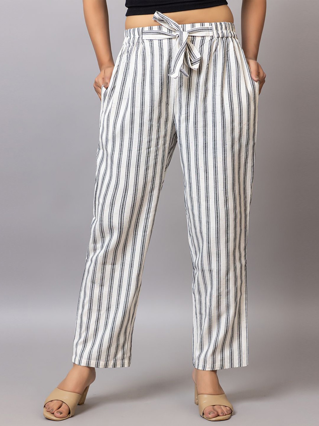 

PROBASIC Striped Cotton Mid-Rise Straight Fit Trousers, White