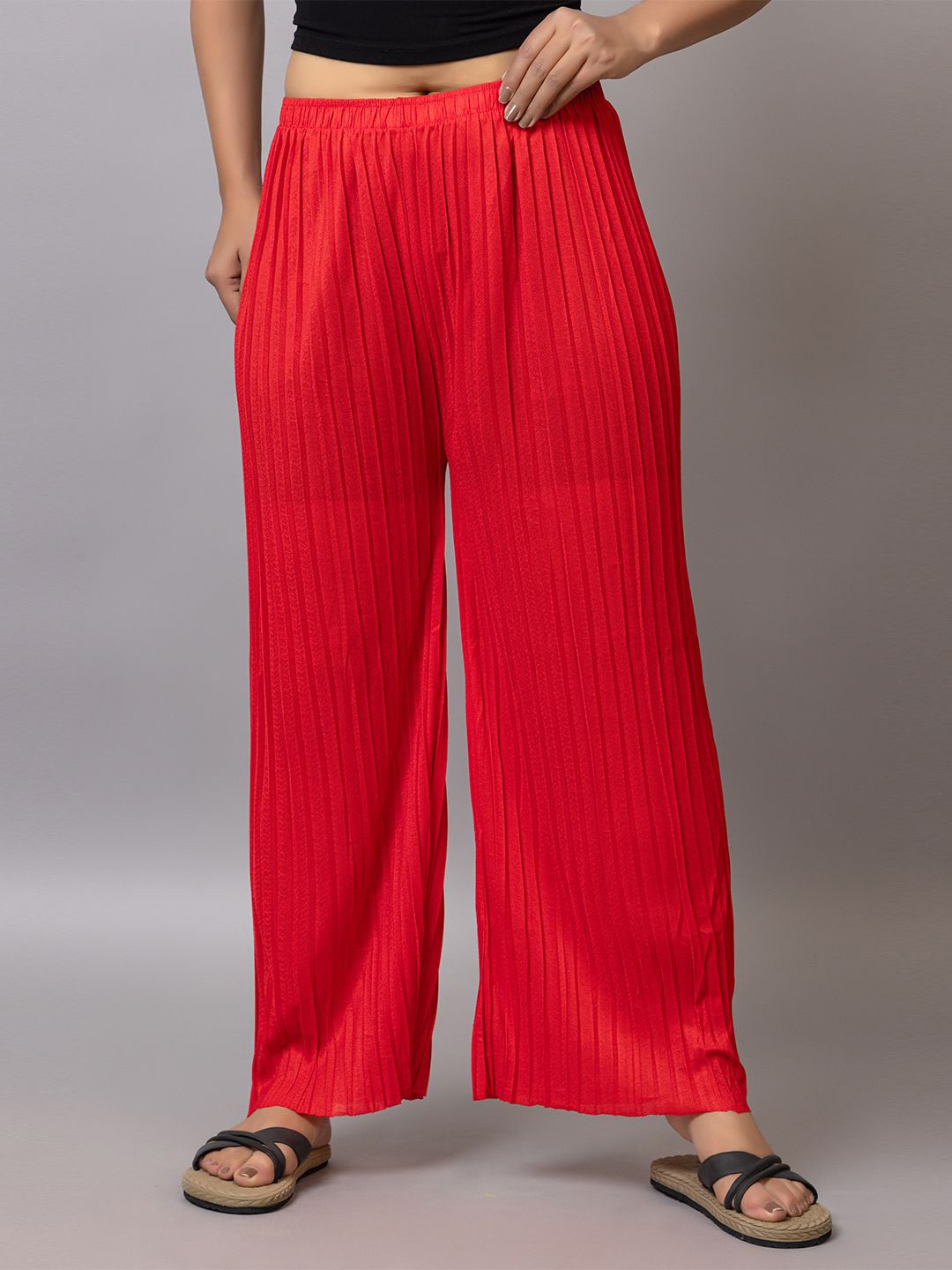

PROBASIC Women Flared Knitted Palazzos, Red
