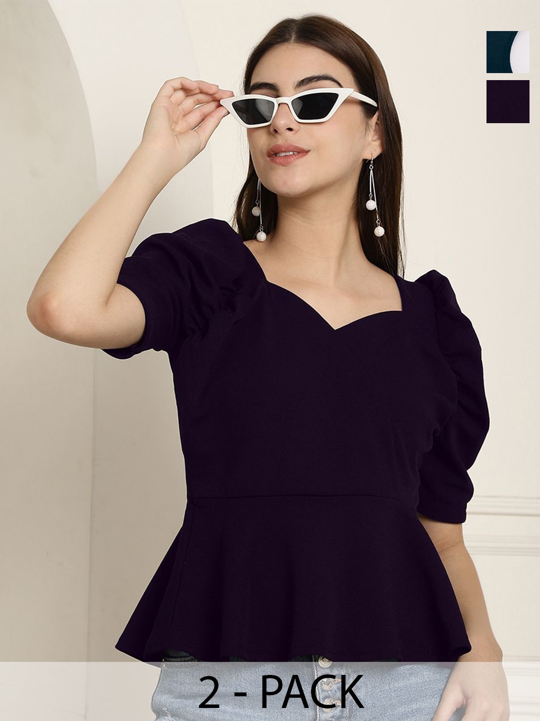 

Tromko Women Pack Of 2 Sweetheart Neck Peplum Top, Navy blue