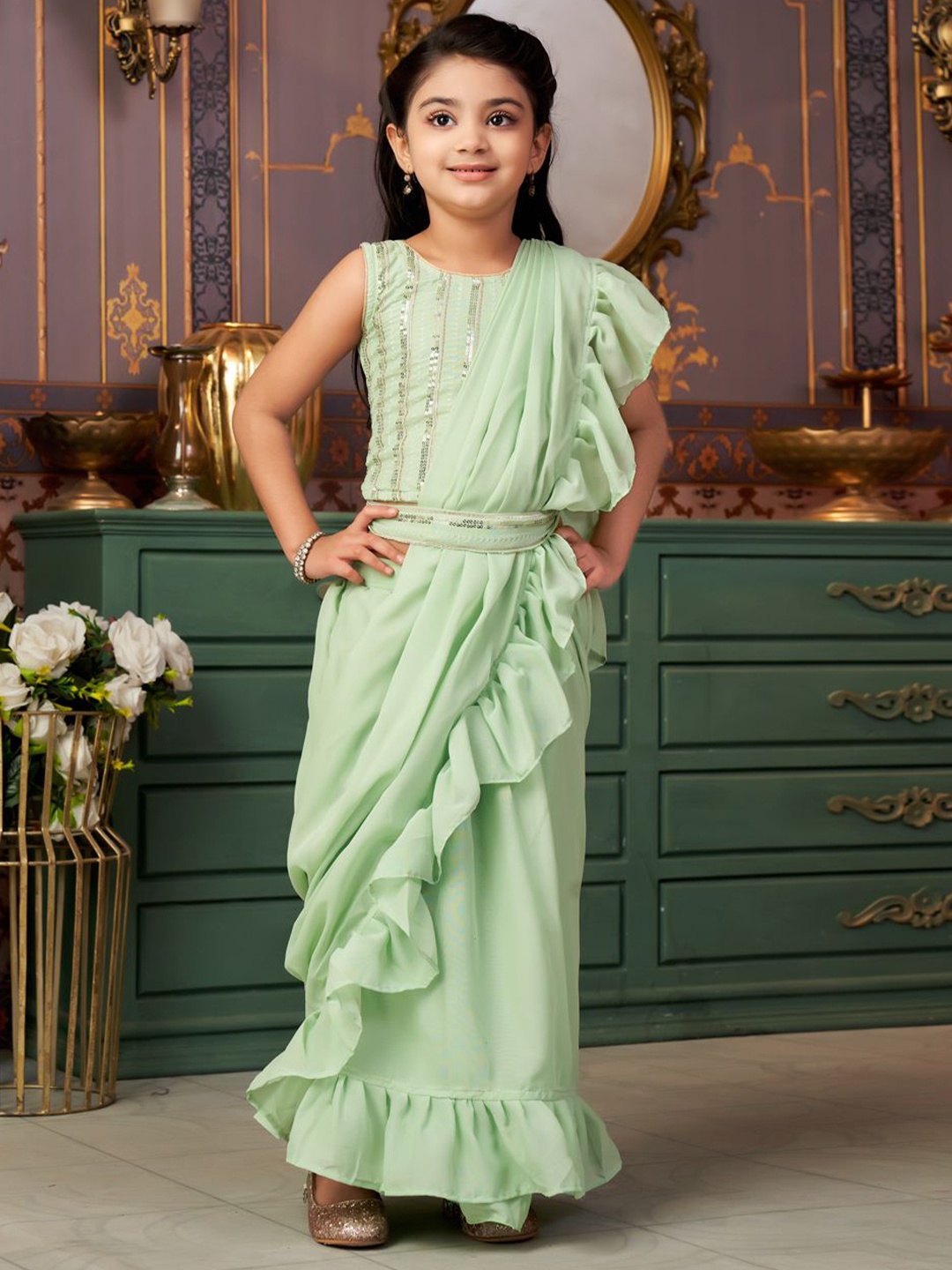 

Sangria Girls Sequin Embroidered Lehenga Choli With Attached Dupatta, Green