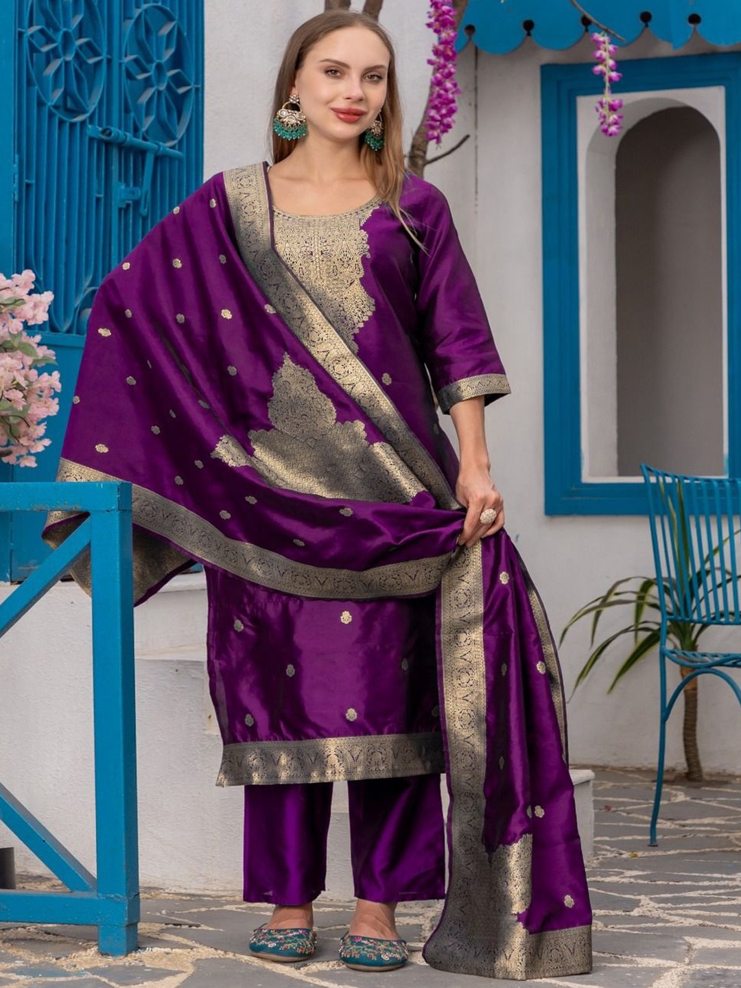 

KALINI Paisley Woven Design Round Neck Straight Kurta with Trousers & Dupatta, Purple