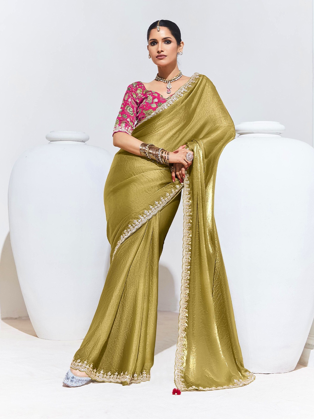 

House of D&S Embroidered Pure Silk Saree, Olive