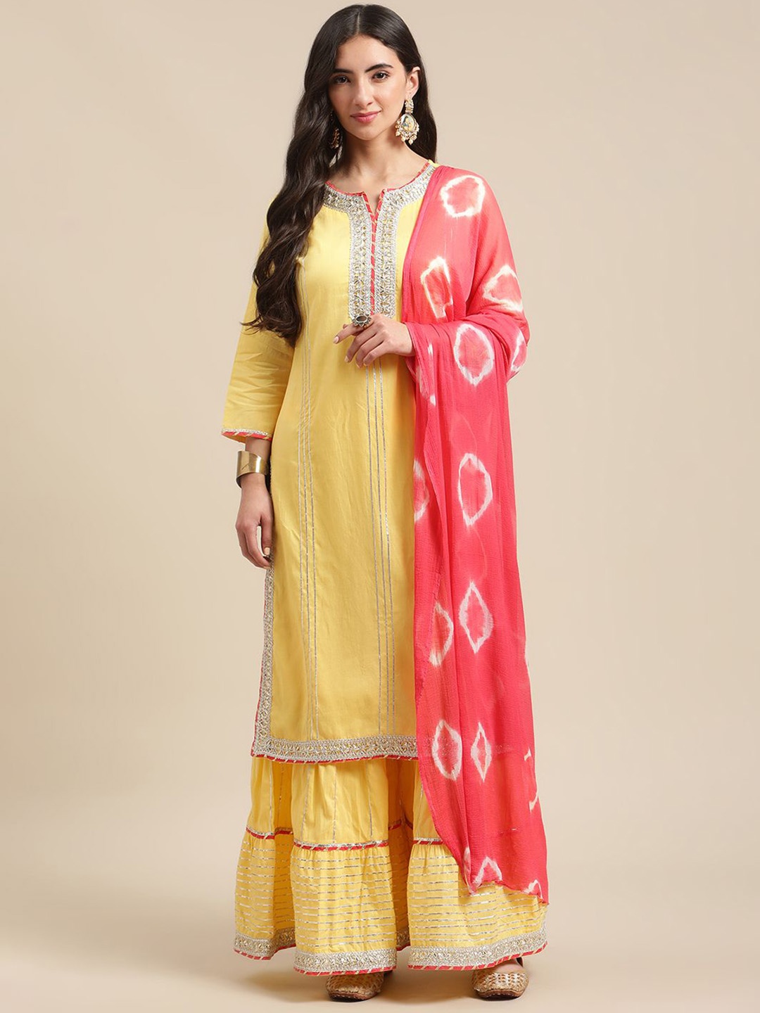 

DIVASTRI Embroidered Beads and Stones Pure Cotton Kurta With Sharara And Dupatta, Yellow