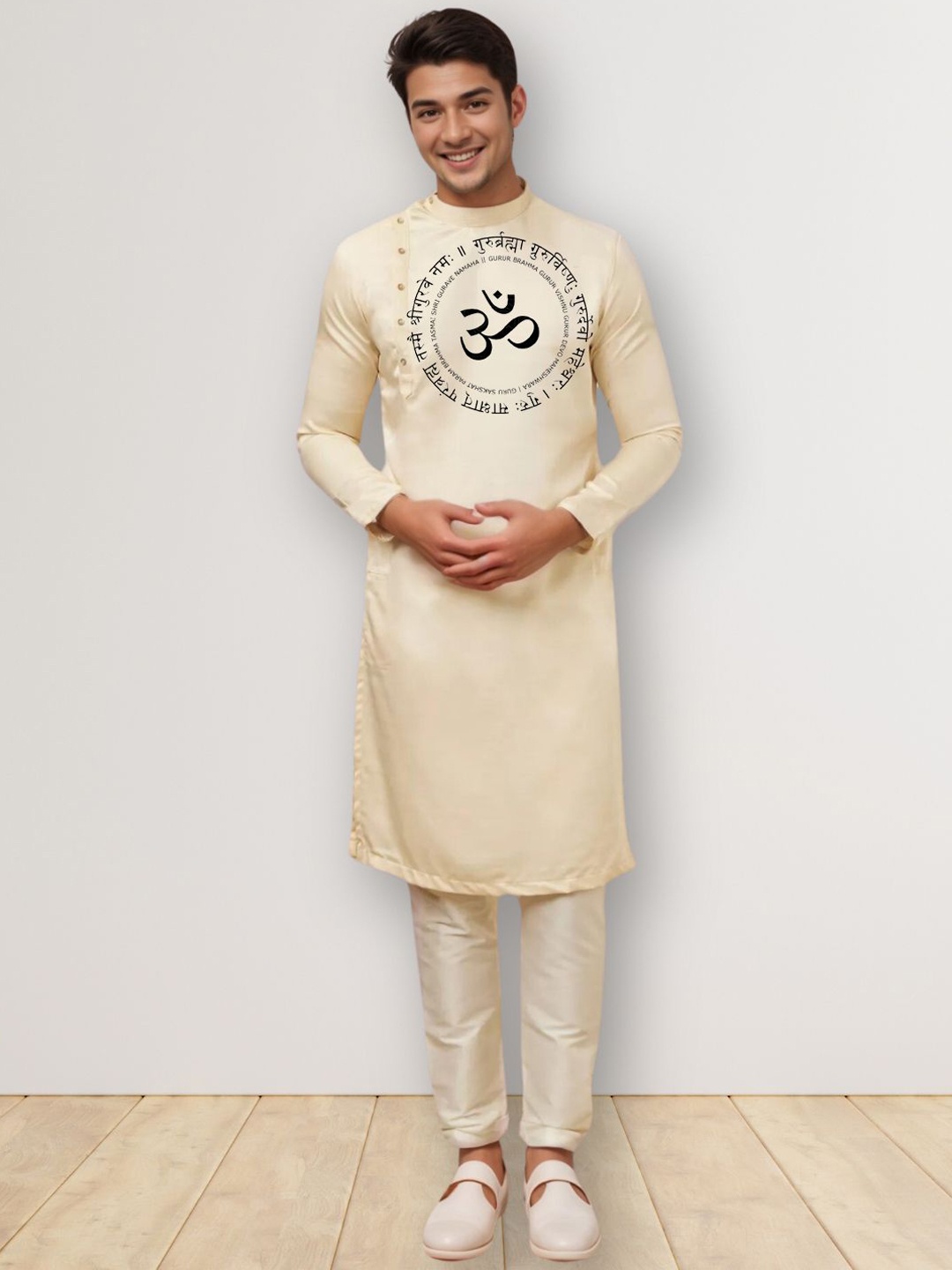 

DEVOILER Men Ethnic Motifs Printed Thread Work Kurta, Beige