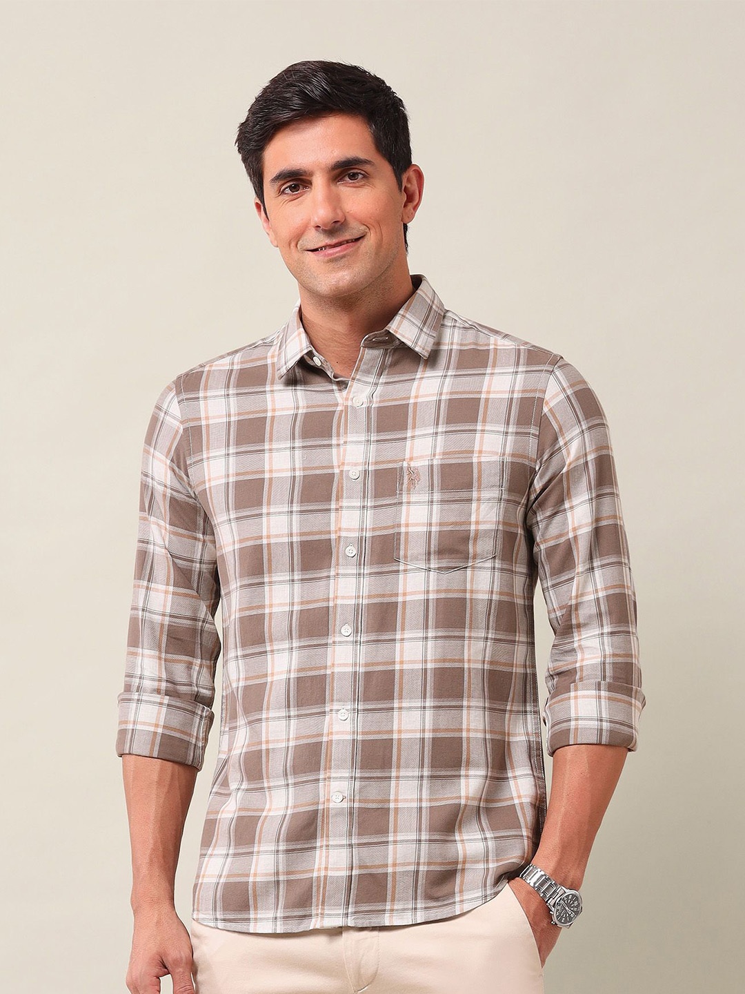

U.S. Polo Assn. Men Classic Tailored Fit Opaque Checked Casual Shirt, Brown