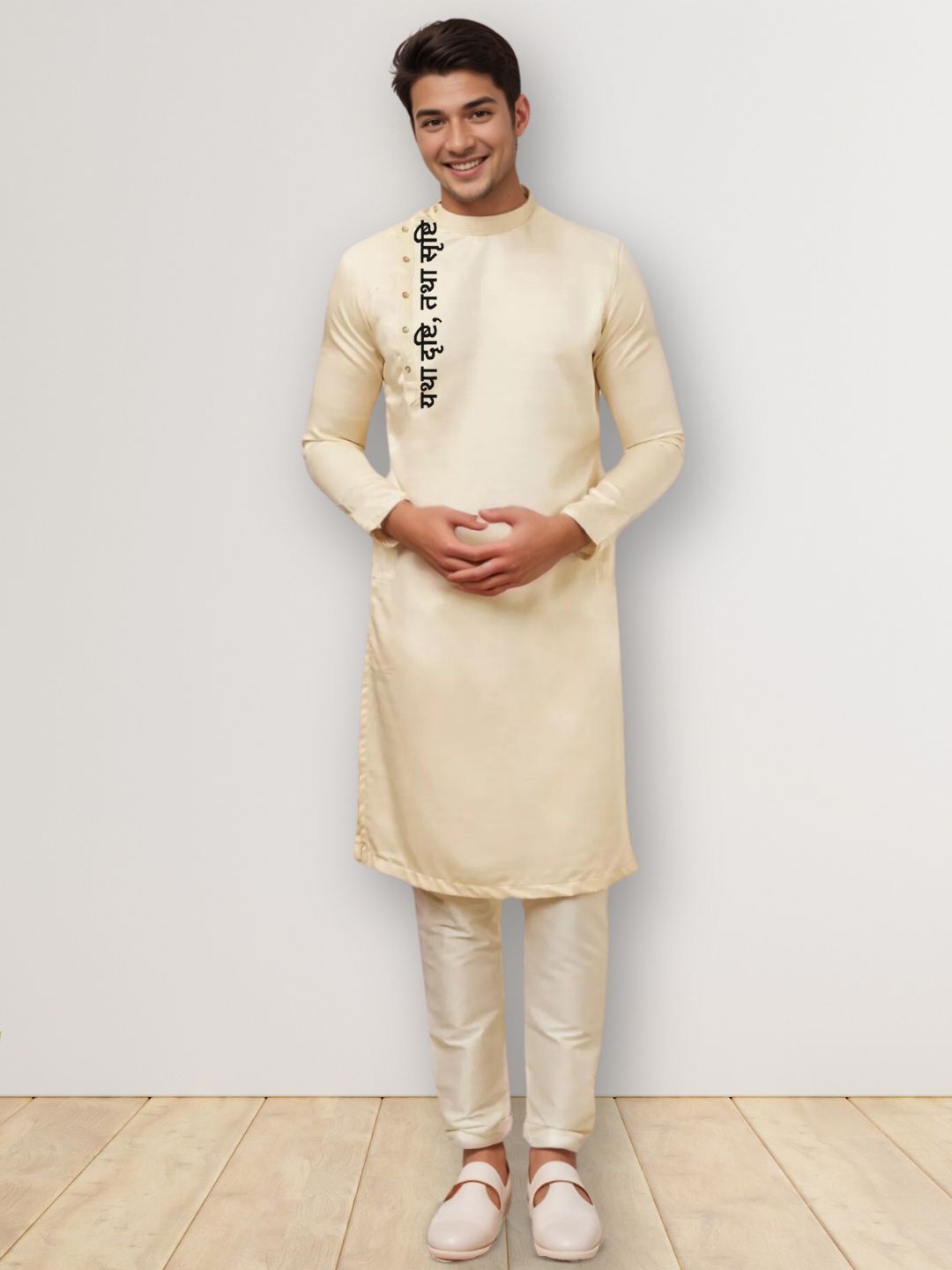 

DEVOILER Men Ethnic Motifs Printed Thread Work Kurta, Beige