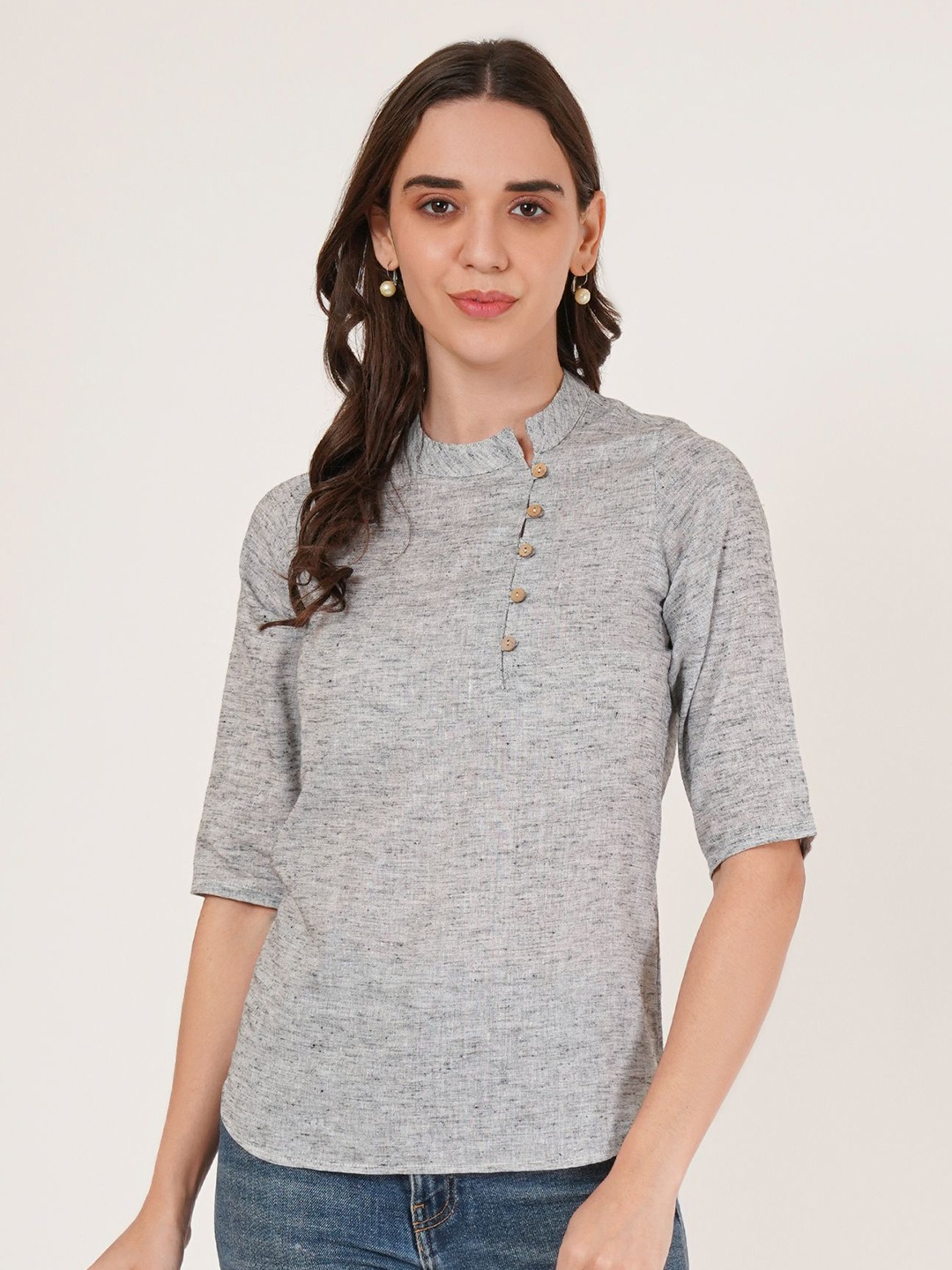 

Brownverse Mandarin Collar Cotton Top, Grey