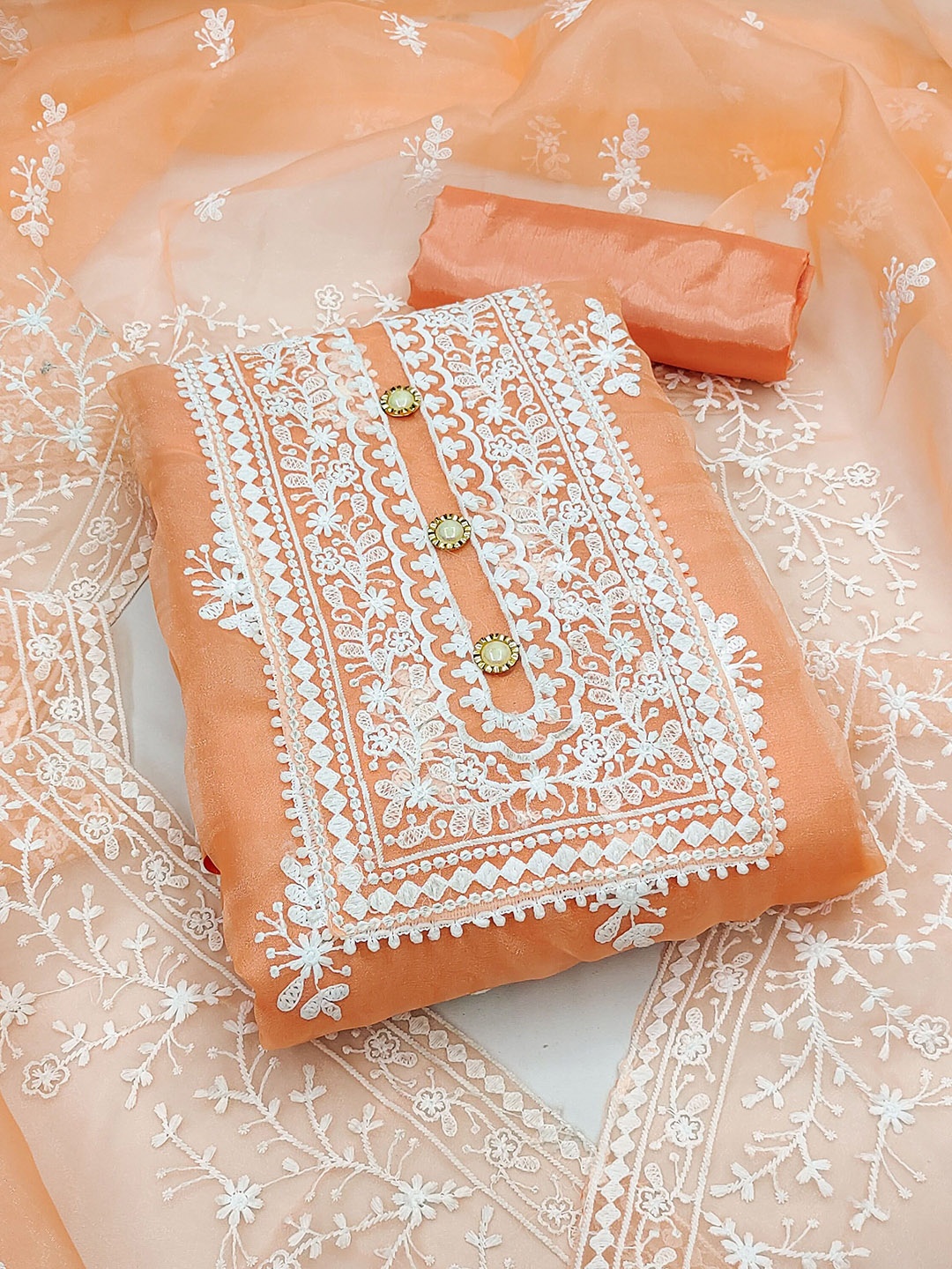 

HERE&NOW Embroidered Organza Unstitched Dress Material, Orange