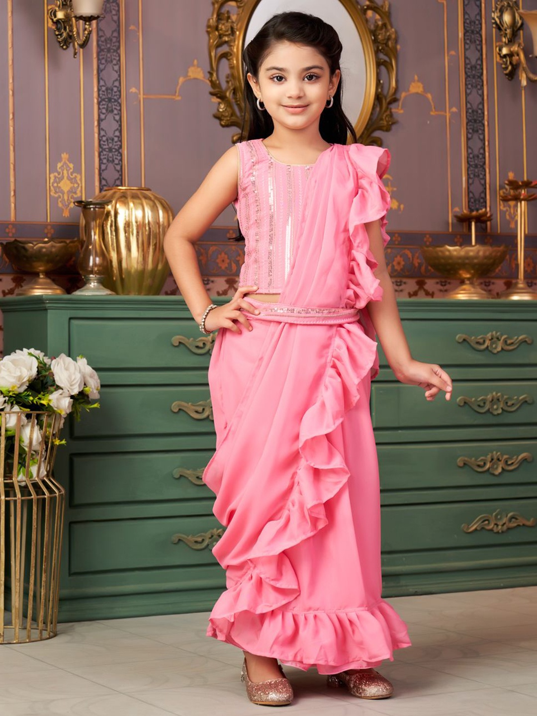

Sangria Girls Sequin Embroidered Lehenga Choli With Attached Dupatta, Pink