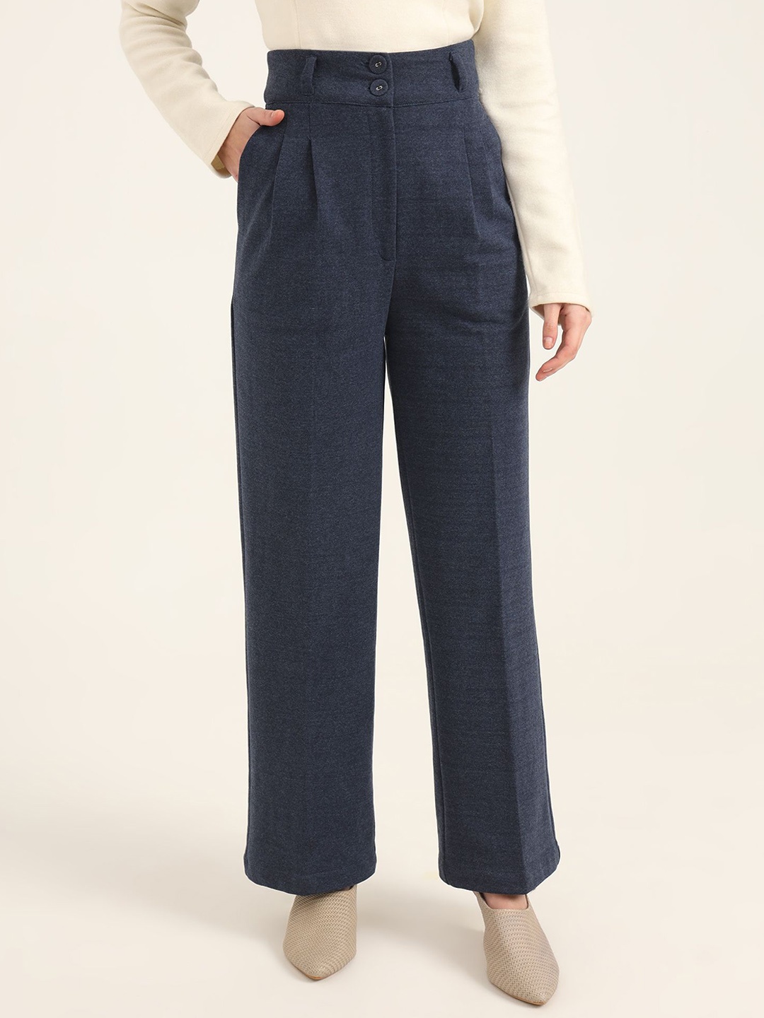 

AMSWAN Women Relaxed Straight Fit High-Rise Pleated Trousers, Blue
