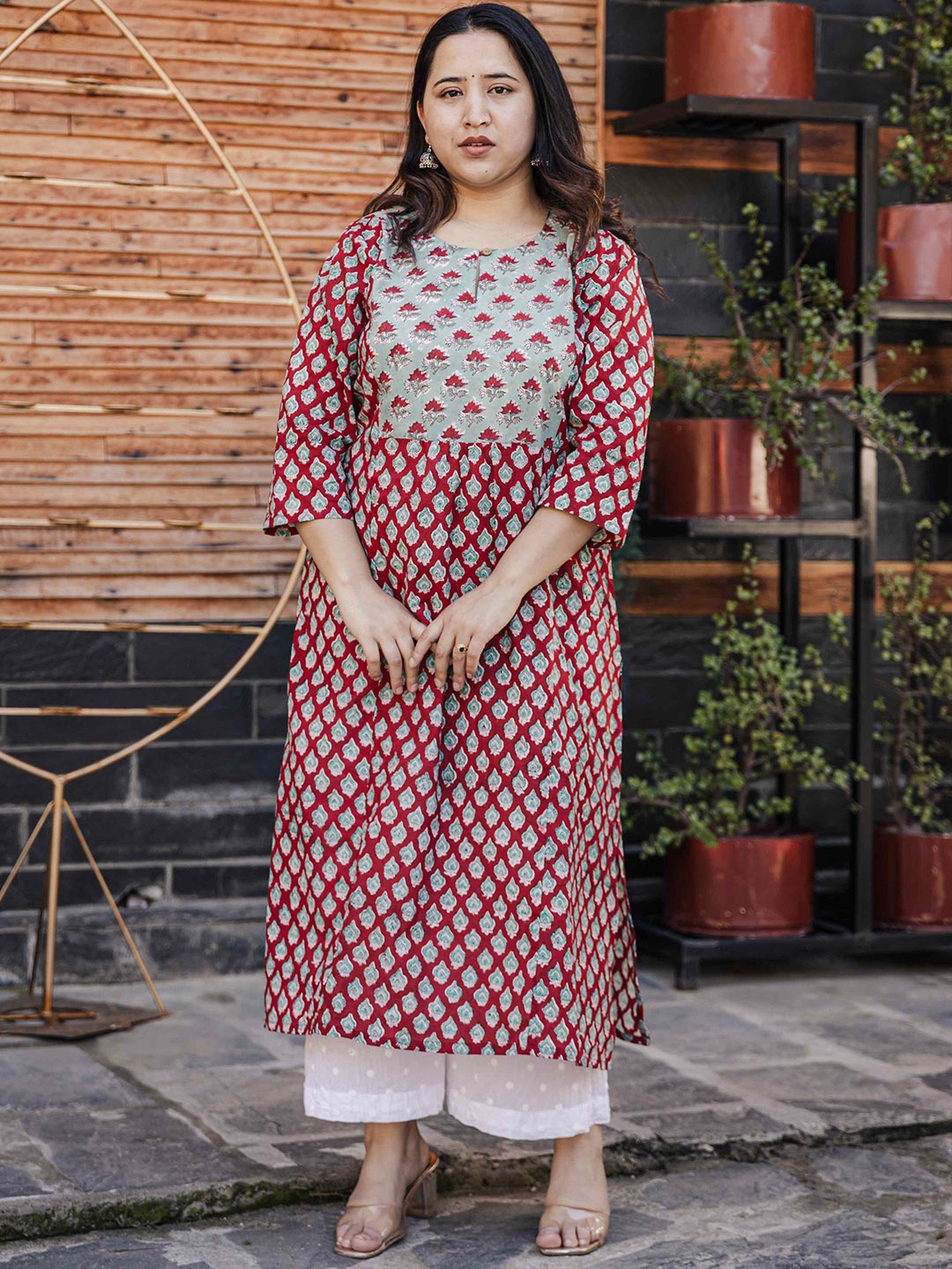 

inkara Women Ethnic Motifs Printed Block Print Khadi Handloom Anarkali Kurta, Red