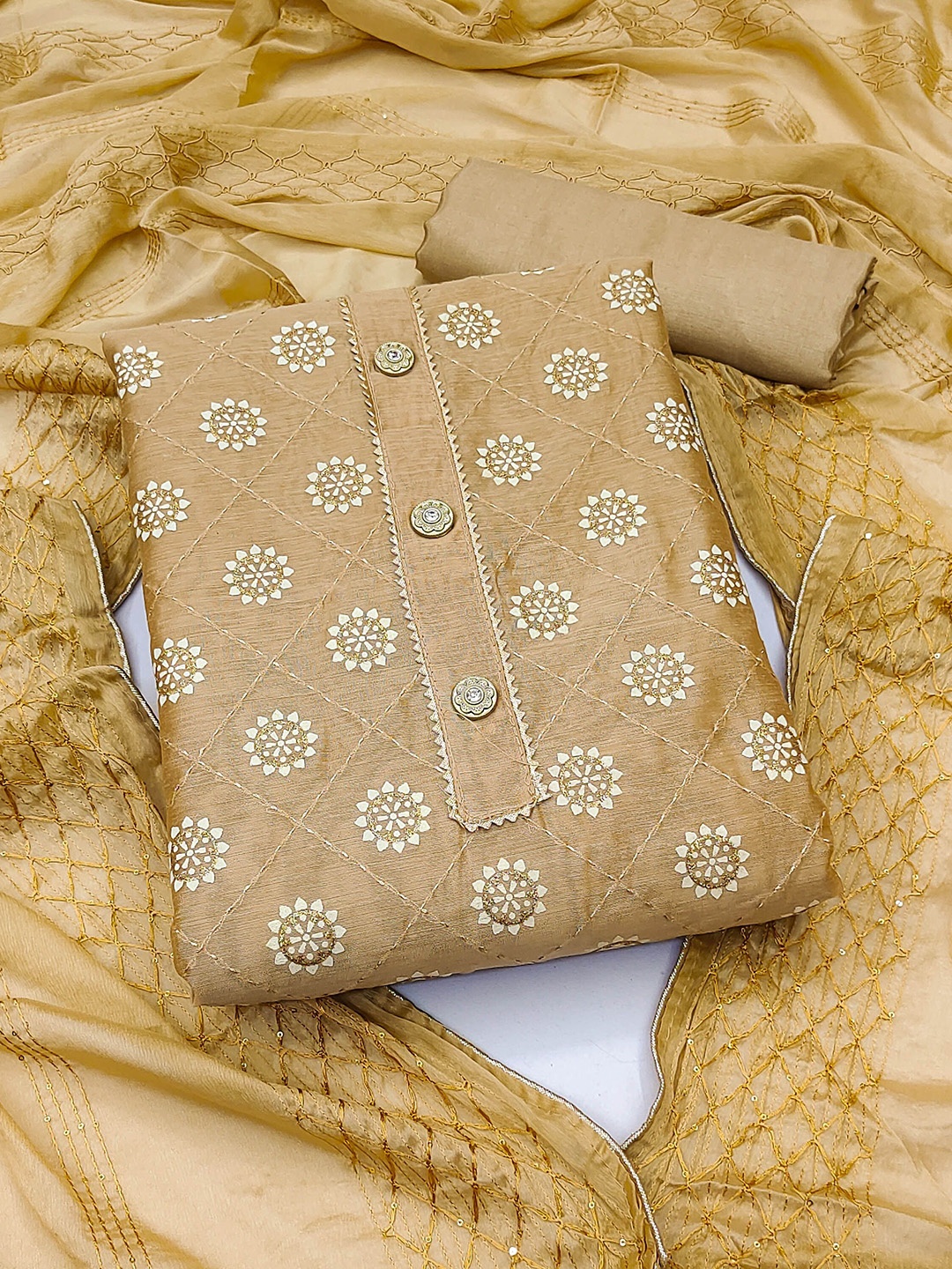

HERE&NOW Embellished Unstitched Dress Material, Beige