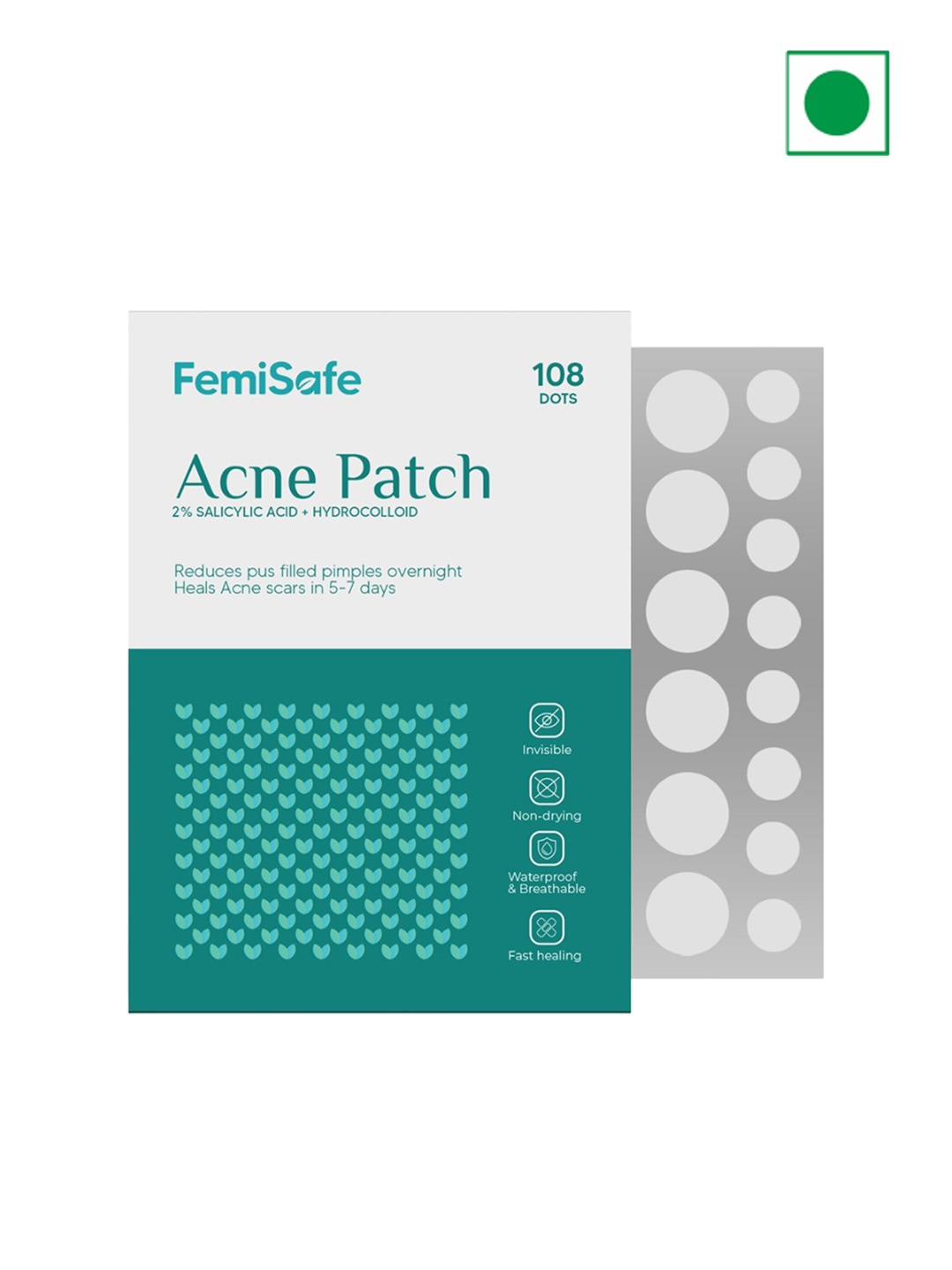 

FEMISAFE Waterproof Acne Pimple Patch With 2% Salicylic Acid & Hydrocolloid - 108 Dots, Green