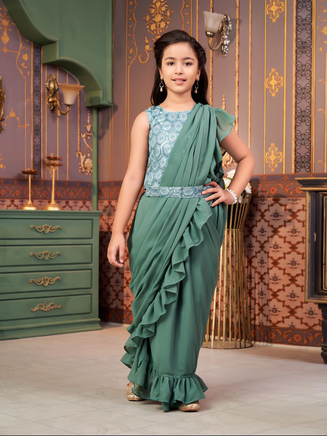 

Sangria Girls Sequin Embroidered Lehenga Choli With Attached Dupatta, Green