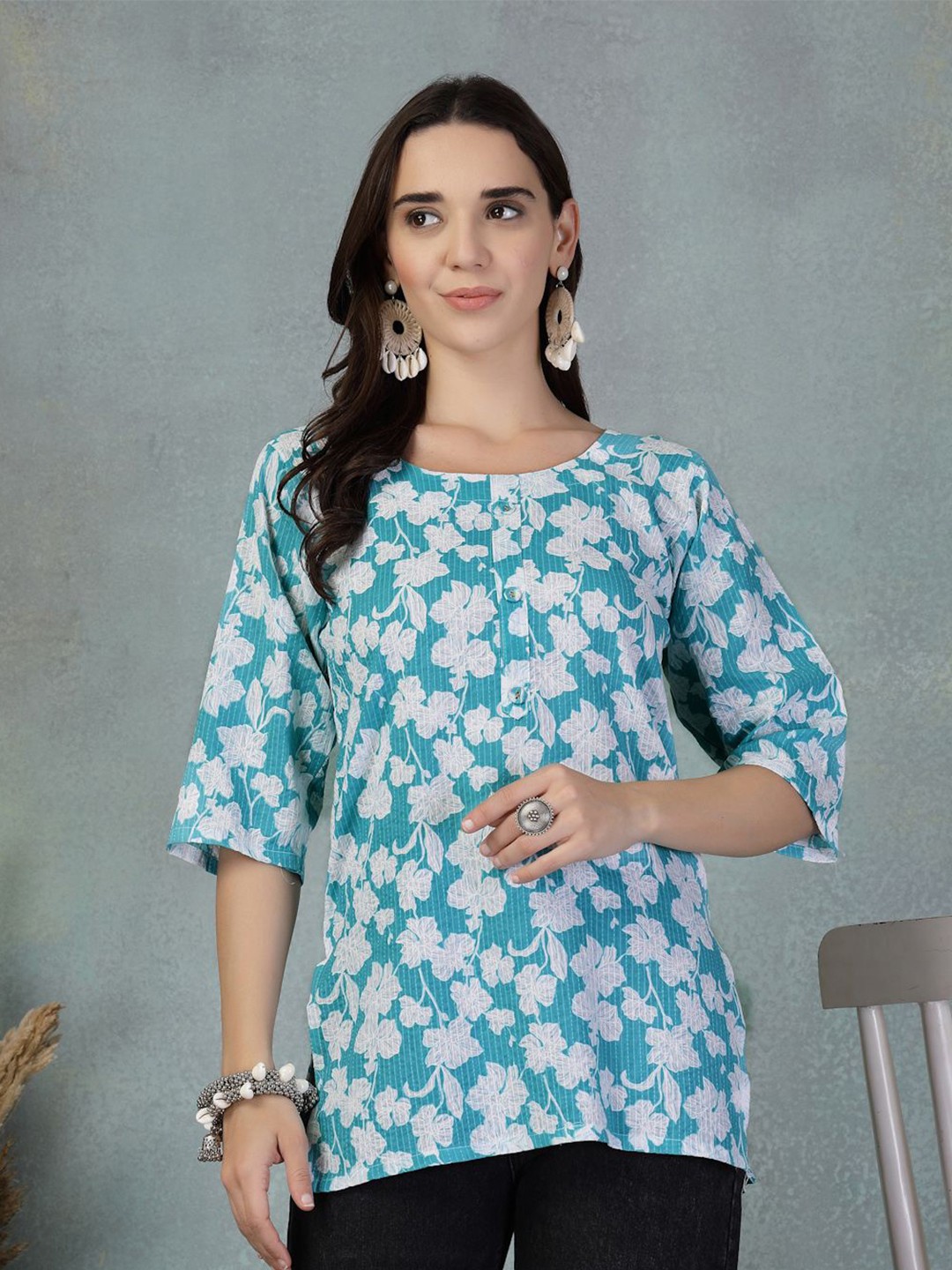 

all about you Women Floral Print Cotton Top, Turquoise blue