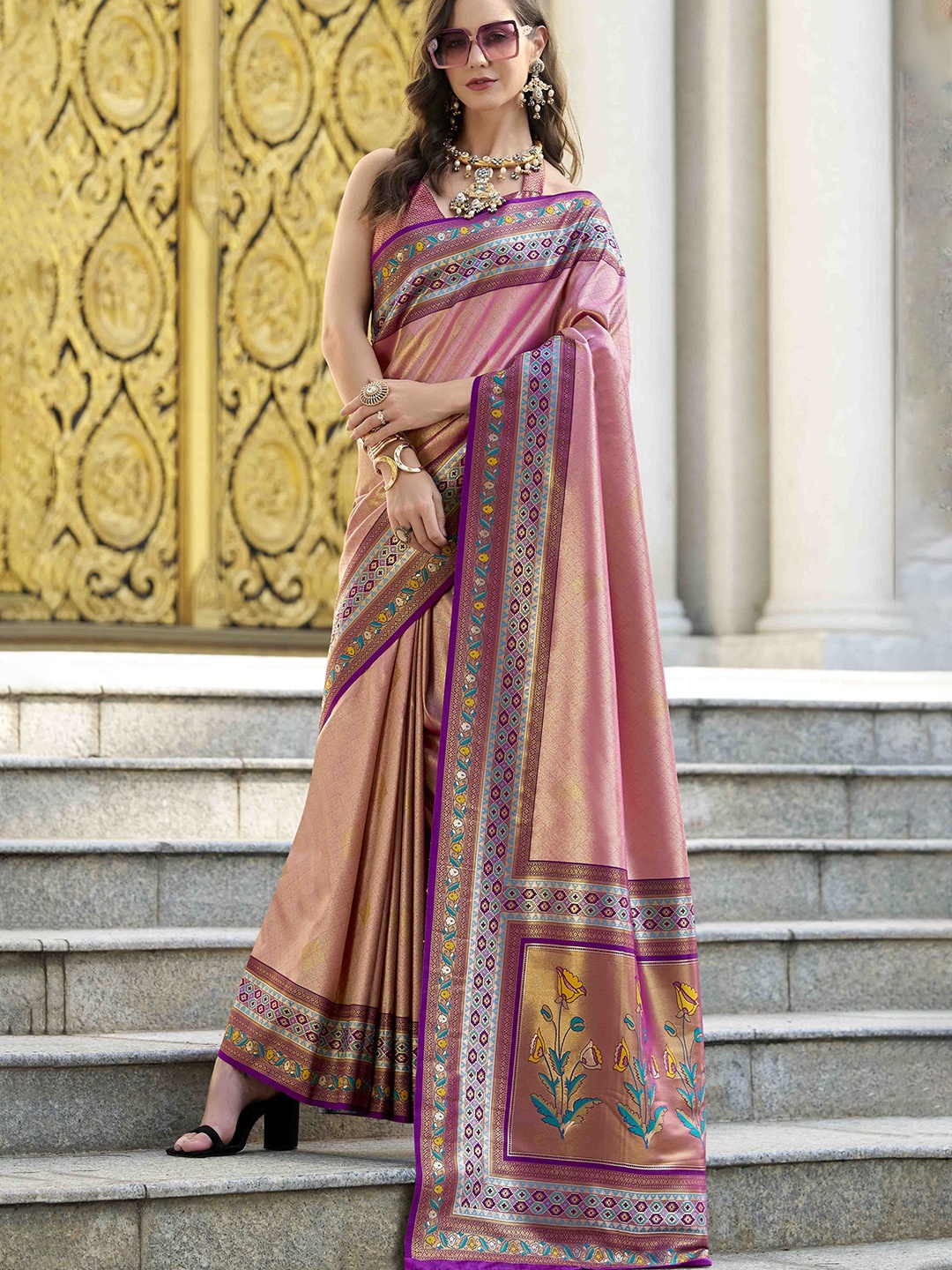 

Mitera Woven Design Zari Tissue Saree, Peach