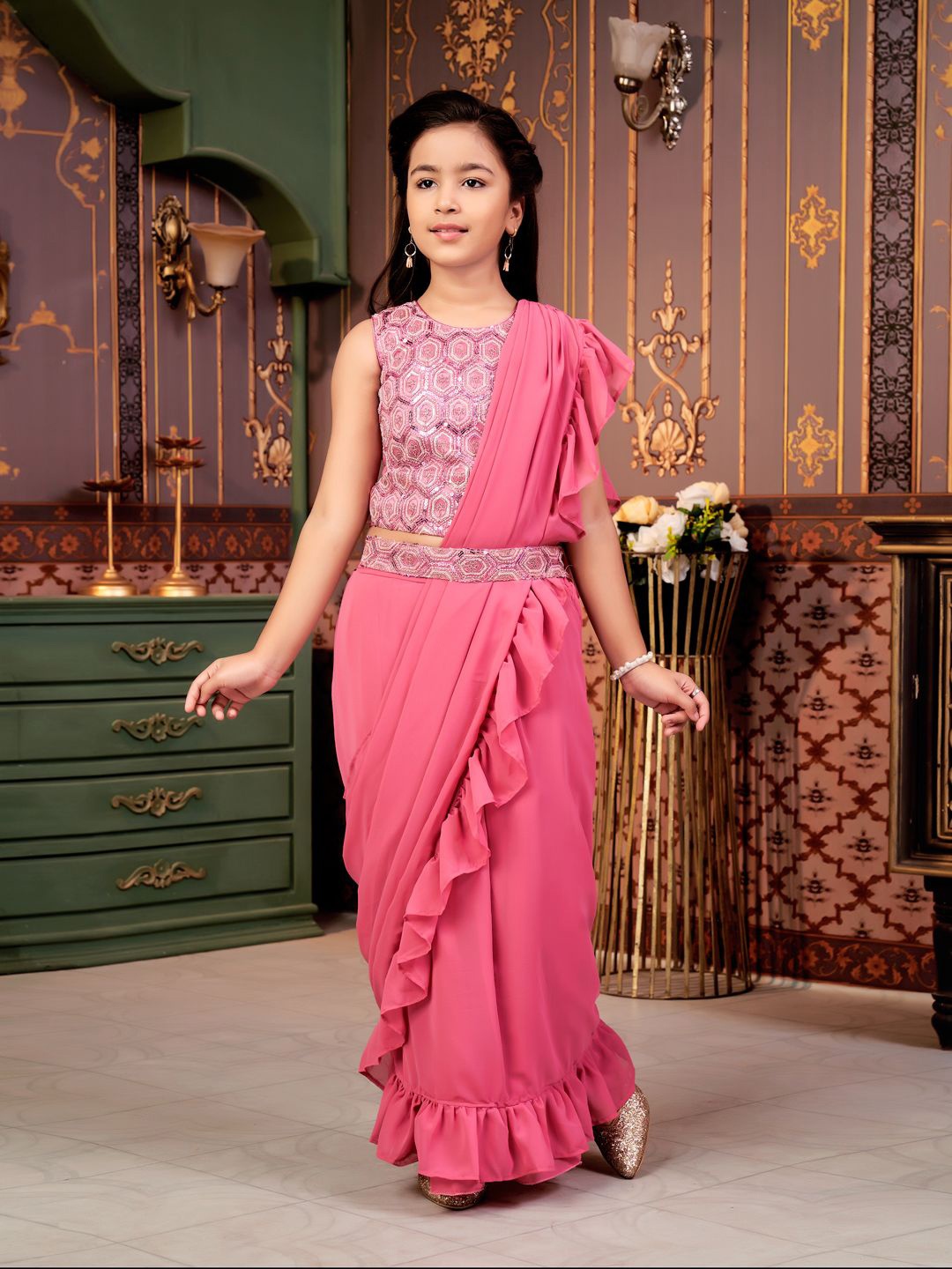 

BAESD Girls Embellished Ready to Wear Lehenga &, Pink