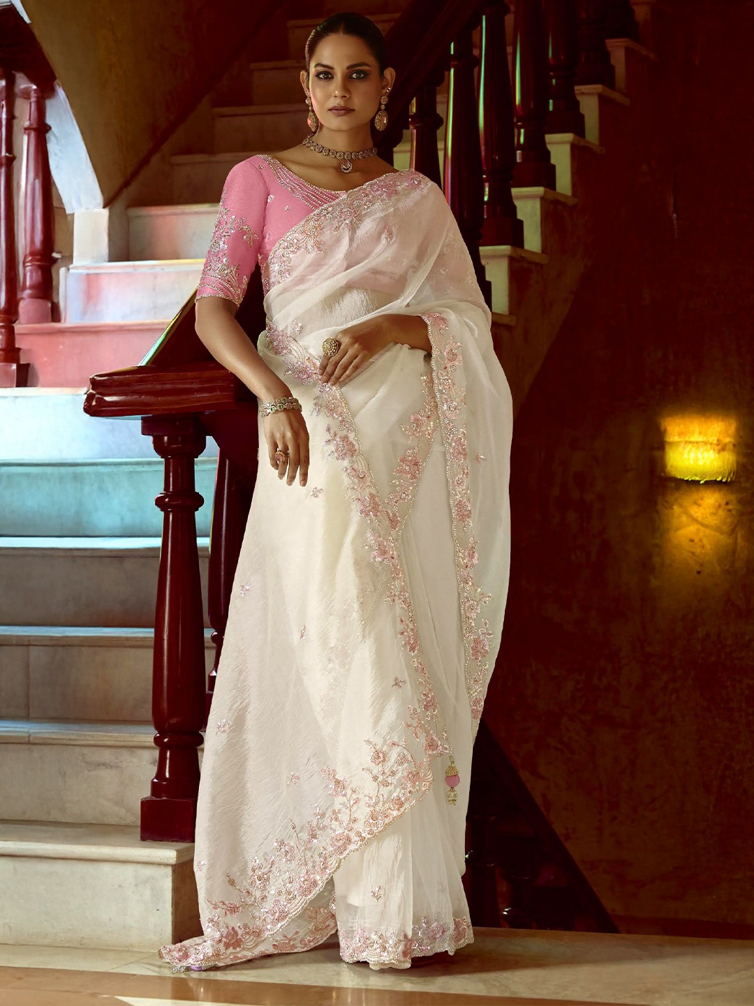 

House of D&S Embellished Organza Saree, Off white