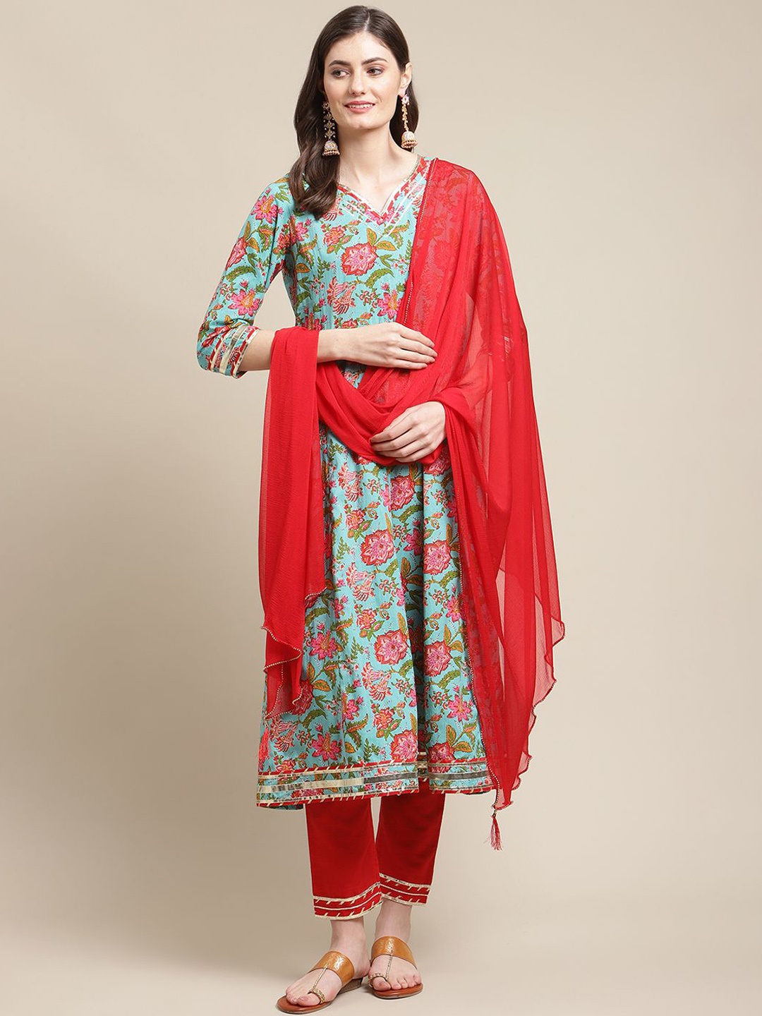 

DIVASTRI Floral Printed V-Neck Anarkali Gotta Patti Kurta With Trousers And Dupatta, Blue