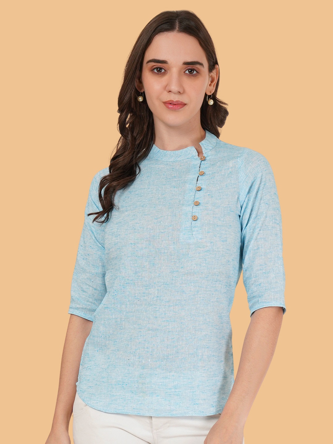 

Brownverse Mandarin Collar Cotton Top, Turquoise blue