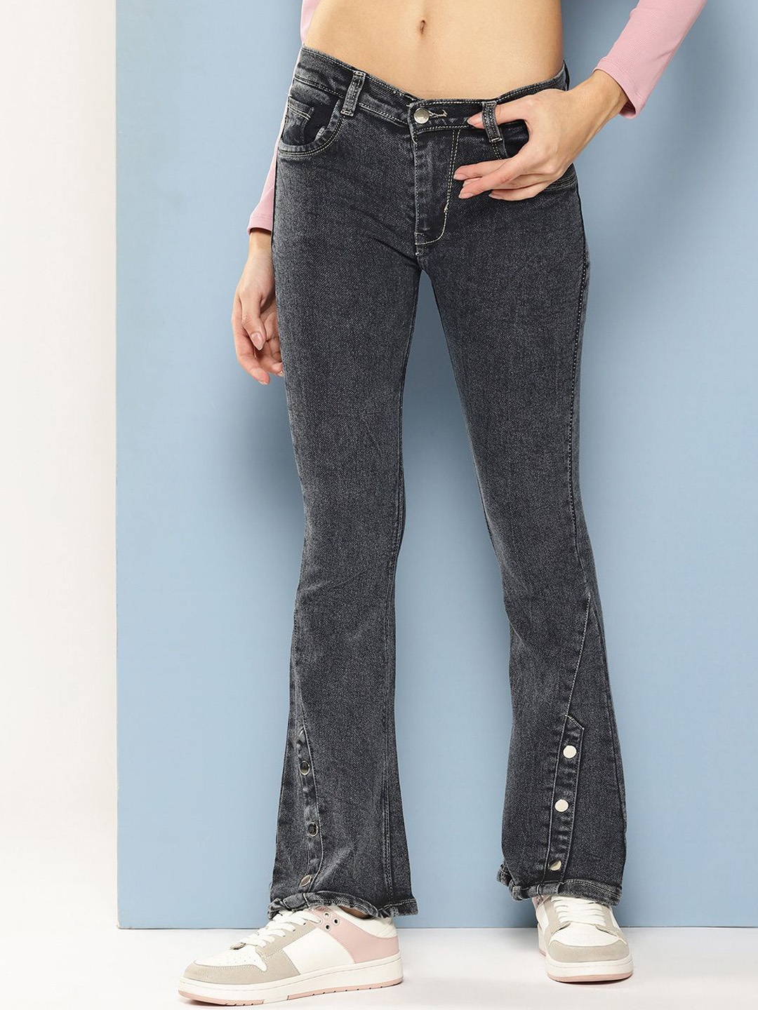 

BAESD Women Comfort Relaxed Fit Low Distress Light Fade Stretchable Jeans, Black